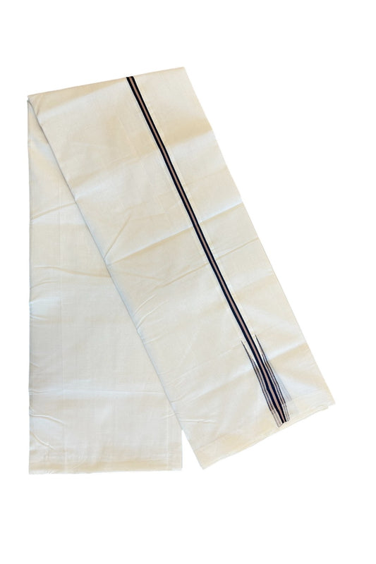 30% DISCOUNT!! KaithariKada HANDLOOM UNAKKUPAAV Balaramapuram - 100% PURE Cotton OFF White Double - (Unbleached)  Mundu/Dothi - 1 inch Puliyilakkara Black & Chocolate Cream chutty - 4KK5049REA