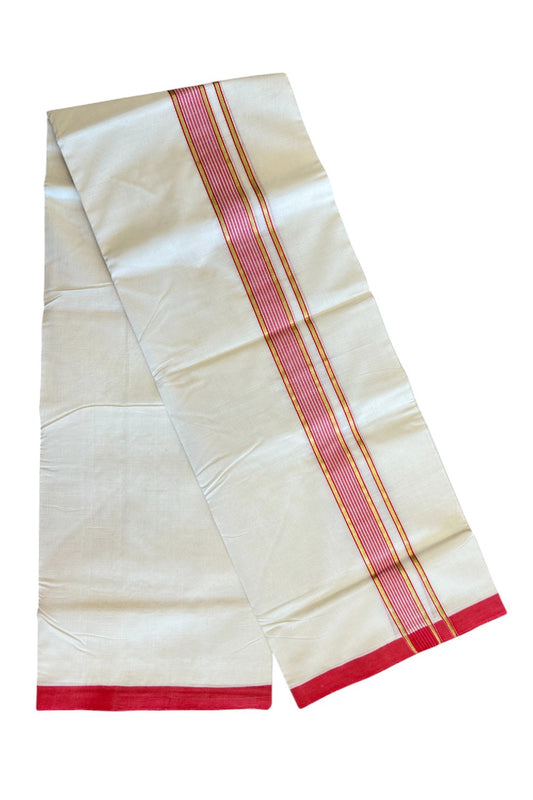 25% DISCOUNT! KaithariKada BALARAMAPURAM HANDLOOM UNAKKUPAAV - 100% PURE Cotton off white (Unbleached) Double Mundu/Dhoti - 2 inch Kasavu & Pink Red Stripes Kara-62