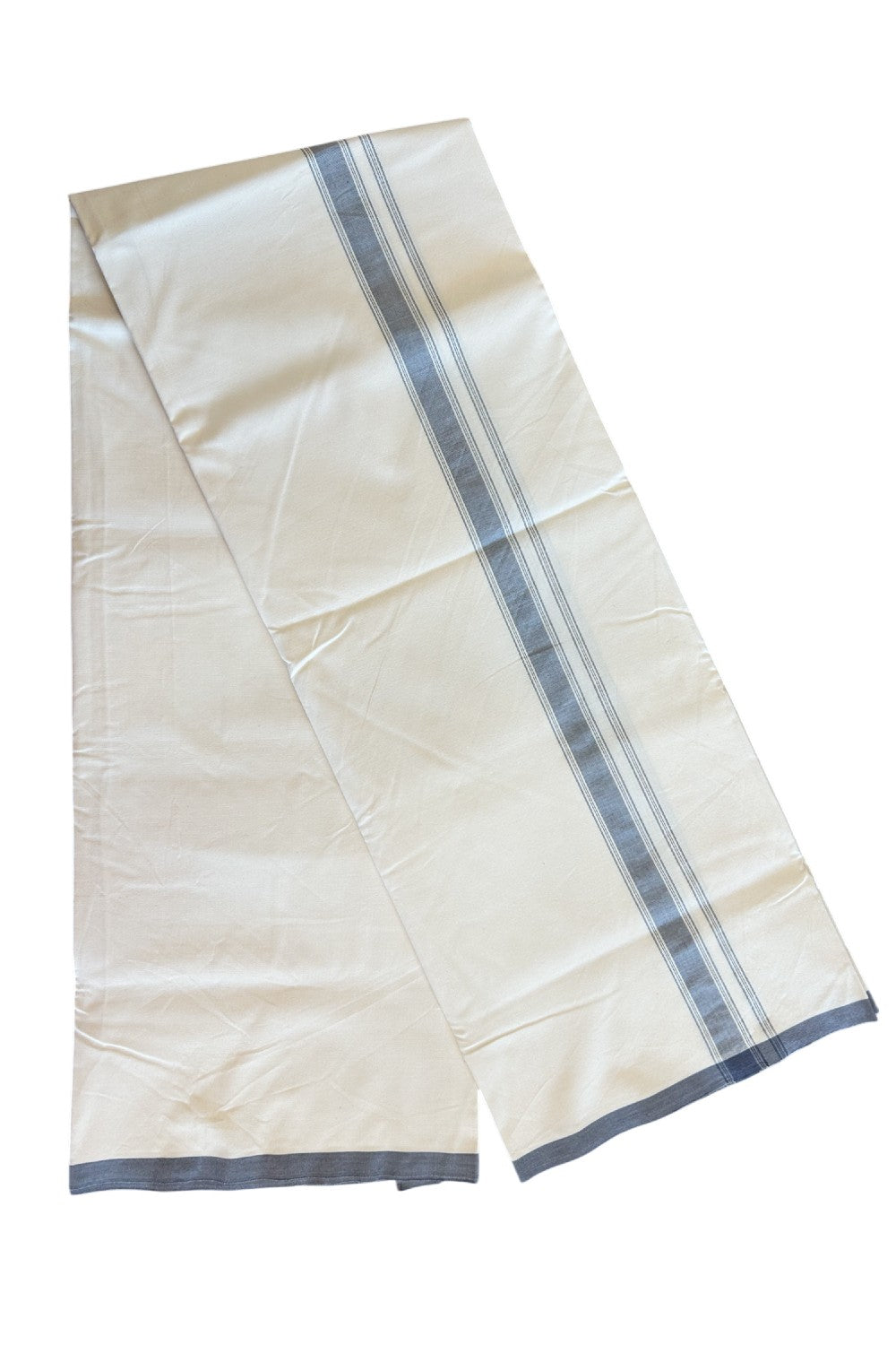 19% DISCOUNT ! KaithariKada Balaramapuram 100% COTTON SINGLE OFF WHITE - (Unbleached) Mundu/Dhoti-Twisted 100s Thread- 1.5 inch GREY Striped Kara (2 meter / 4 muzham)- 4KK5055ASH