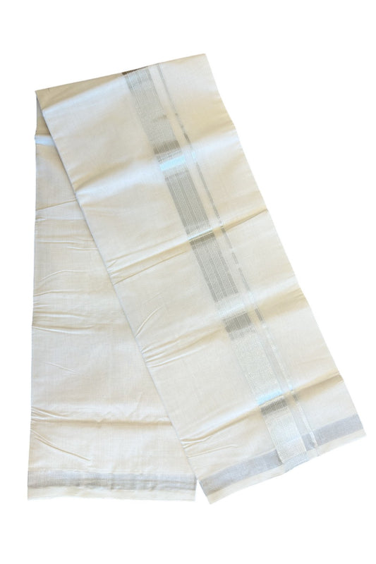 30% DISCOUNT ! KaithariKada HANDLOOM Millpaav Balaramapuram - 100% PURE Cotton Off White - (Unbleached) Double Mundu/Dhoti - Silver KASAVU Stripes Design-2KK37RAM