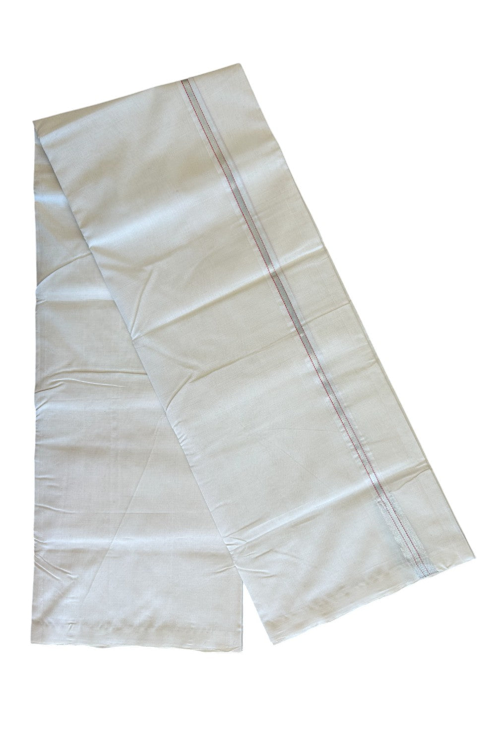 30% DISCOUNT! KaithariKada BALARAMAPURAM HANDLOOM Unakkupaav- 100% PURE Cotton 100x100 Double Mundu/Dhoti OFF WHITE - (Unbleached) -PEACH & Silver Kasavu  0.75 inch PULIYILAKKARA  Chutty- 4KK506RAM