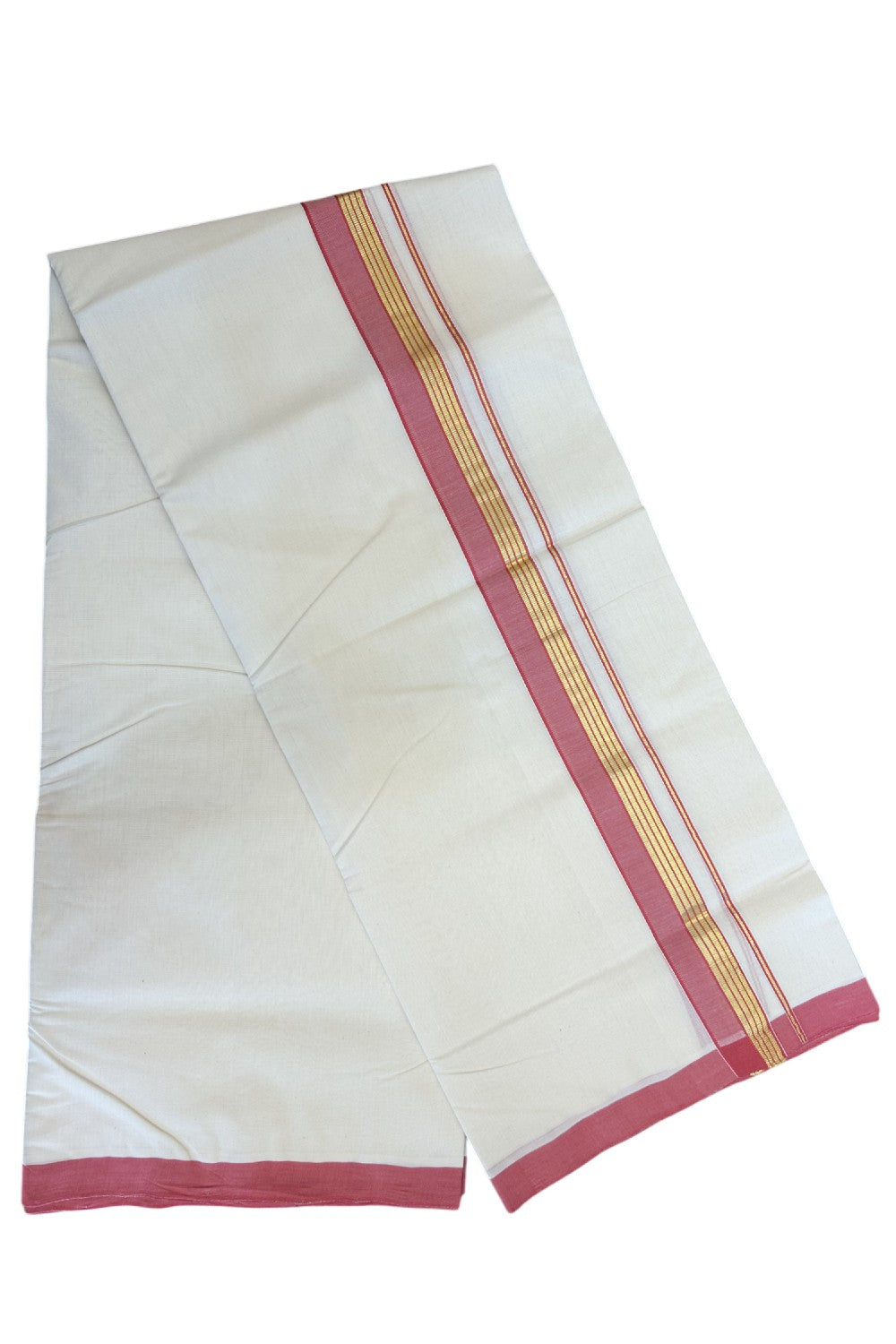 25% Discount !! KaithariKada HANDLOOM millpaav Balaramapuram - 100% PURE Cotton OFF White Double - (Unbleached)  Mundu/Dothi - 2.25  inch Kasavu stripes & Reddish Pink Kara 4.5 Meters (10 Muzham) - 4KK5081RAM