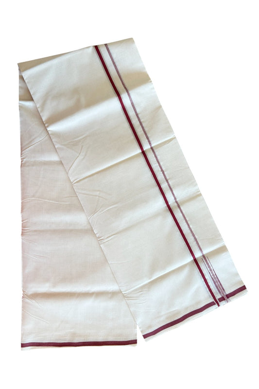 29% DISCOUNT!! KaithariKada HANDLOOM UNAKKUPAAV Balaramapuram - 100% PURE Cotton OFF White - (Unbleached) Double Mundu/Dothi - 1 cm Puliyilakkara Maroon & Silver Kasavu chutty Kara - 4KK5089YAR