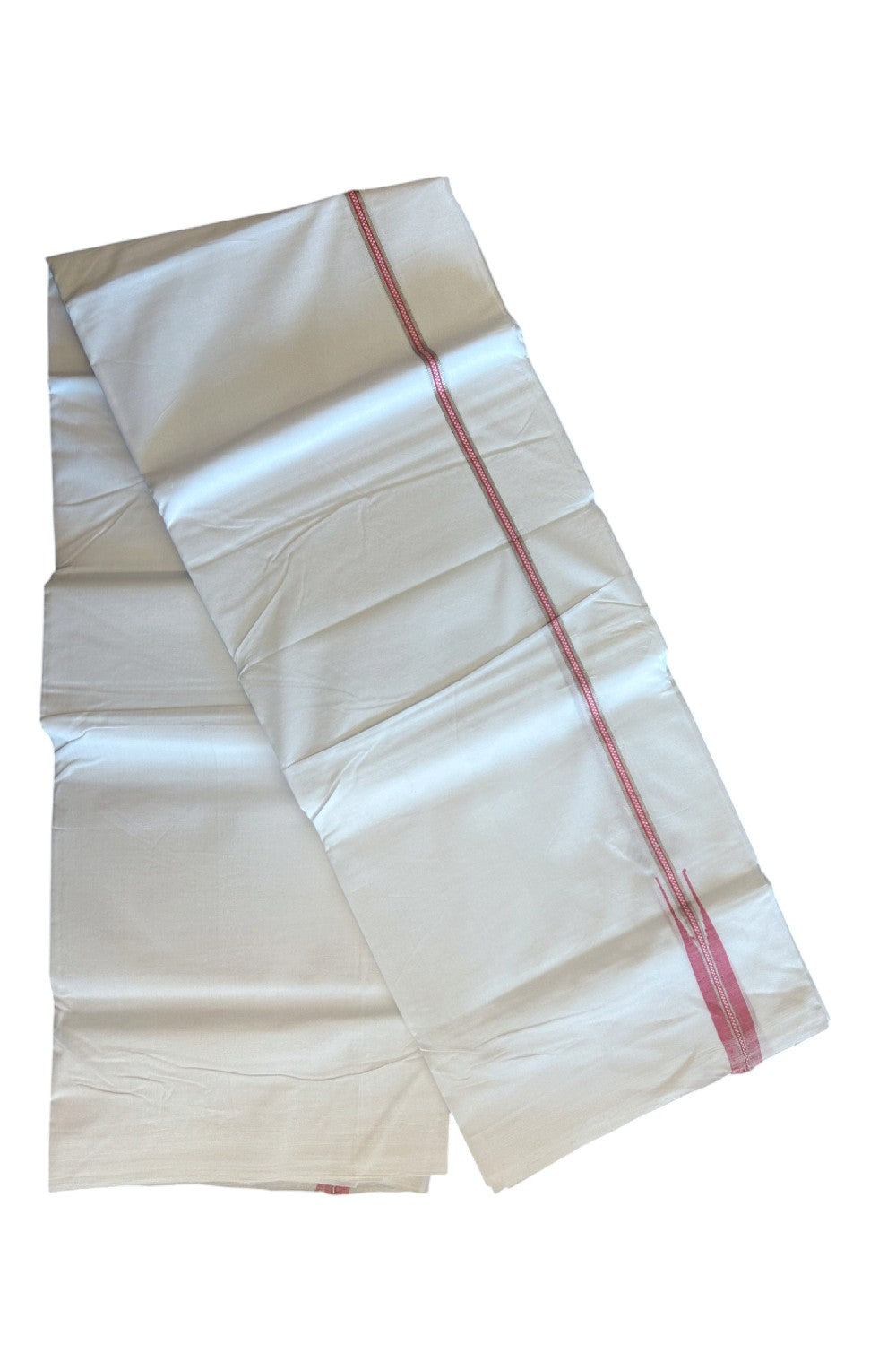 30% DISCOUNT!! KaithariKada HANDLOOM Unakkupaav Balaramapuram - 100% Pure Cotton PURE WHITE  Double Mundu/Dothi - 1.5 cm Silver Kasav Reddish Rose Muthukkuri Chutty Puliyilakkara - 4KK5129YAR