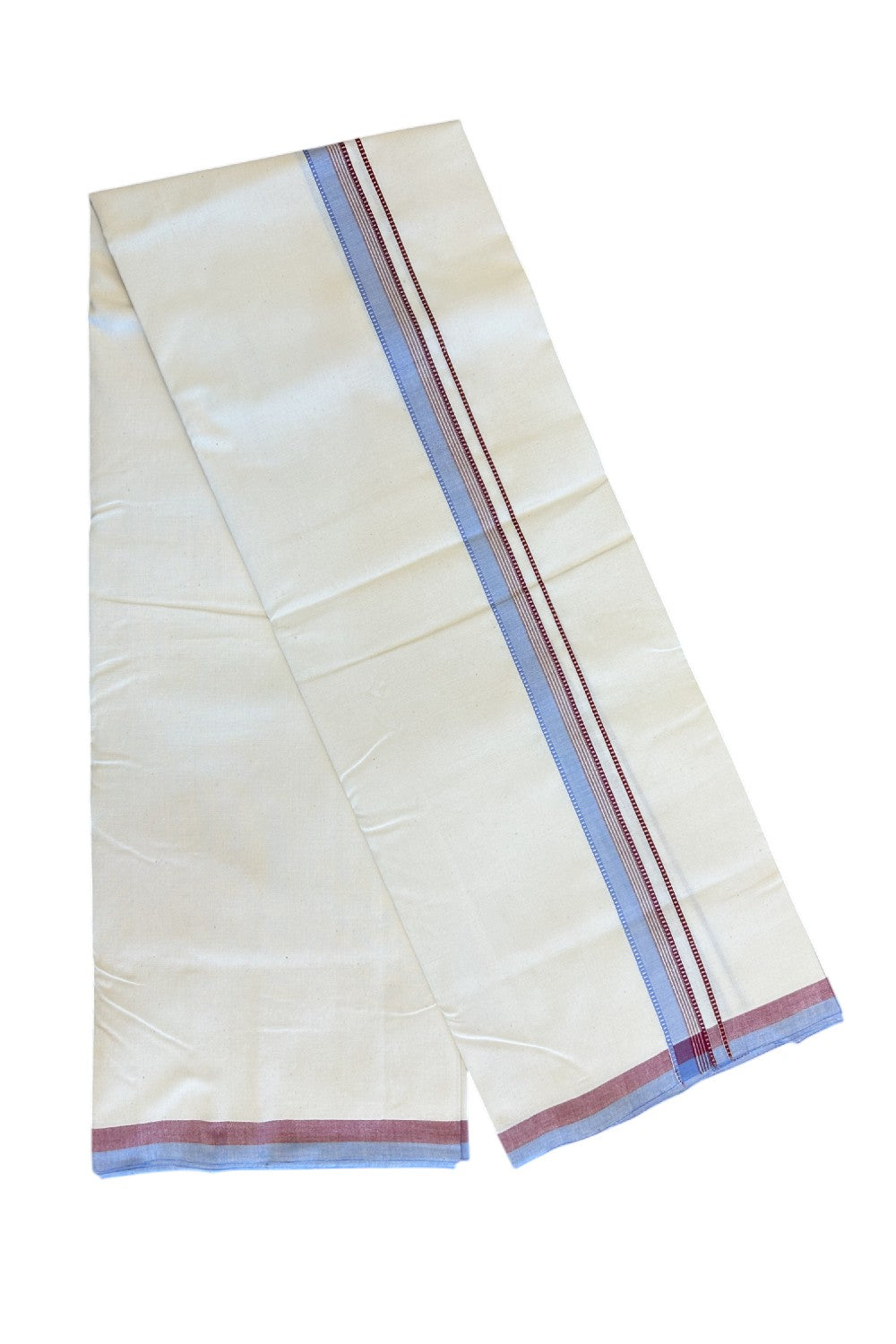 SIGNATURE KAITHARIKADA EXCLUSIVE SINGLE DHOTI -25% Discount!  100% Cotton Balaramapuram HANDLOOM Single Mundu/Dhoti - Off White - (Unbleached) 1 inch Lavender Blue & Maroon Silver gold Kasavu Muthukuri white striped kara  (2meters /4muzham) - 3KK5131KAI