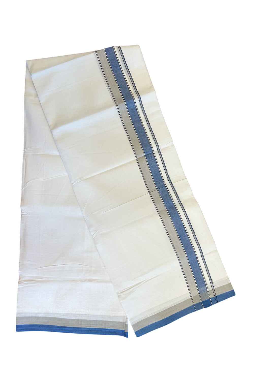 28% DISCOUNT! KaithariKada Balaramapuram 100% Cotton PURE WHITE Double Mundu/Dhoti-100x80- 1.75 inch Blue & Gray shaded designer kara - 4KK5134THI
