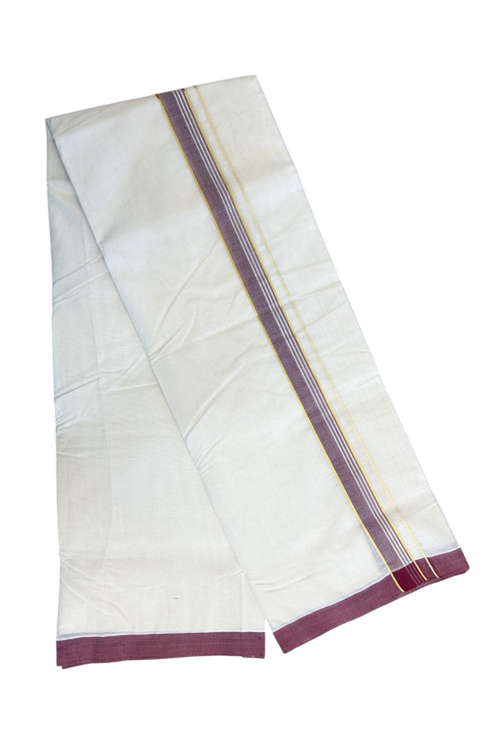 26% Discount KaithariKada Balaramapuram 100% Cotton Double Off white - (Unbleached) - Mundu/Dhoti- 100x80 - 1.25 inch Gold Kasavu & Maroon Striped Kara 3.70 mtr (8 Muzham)- 4KK5140ASH
