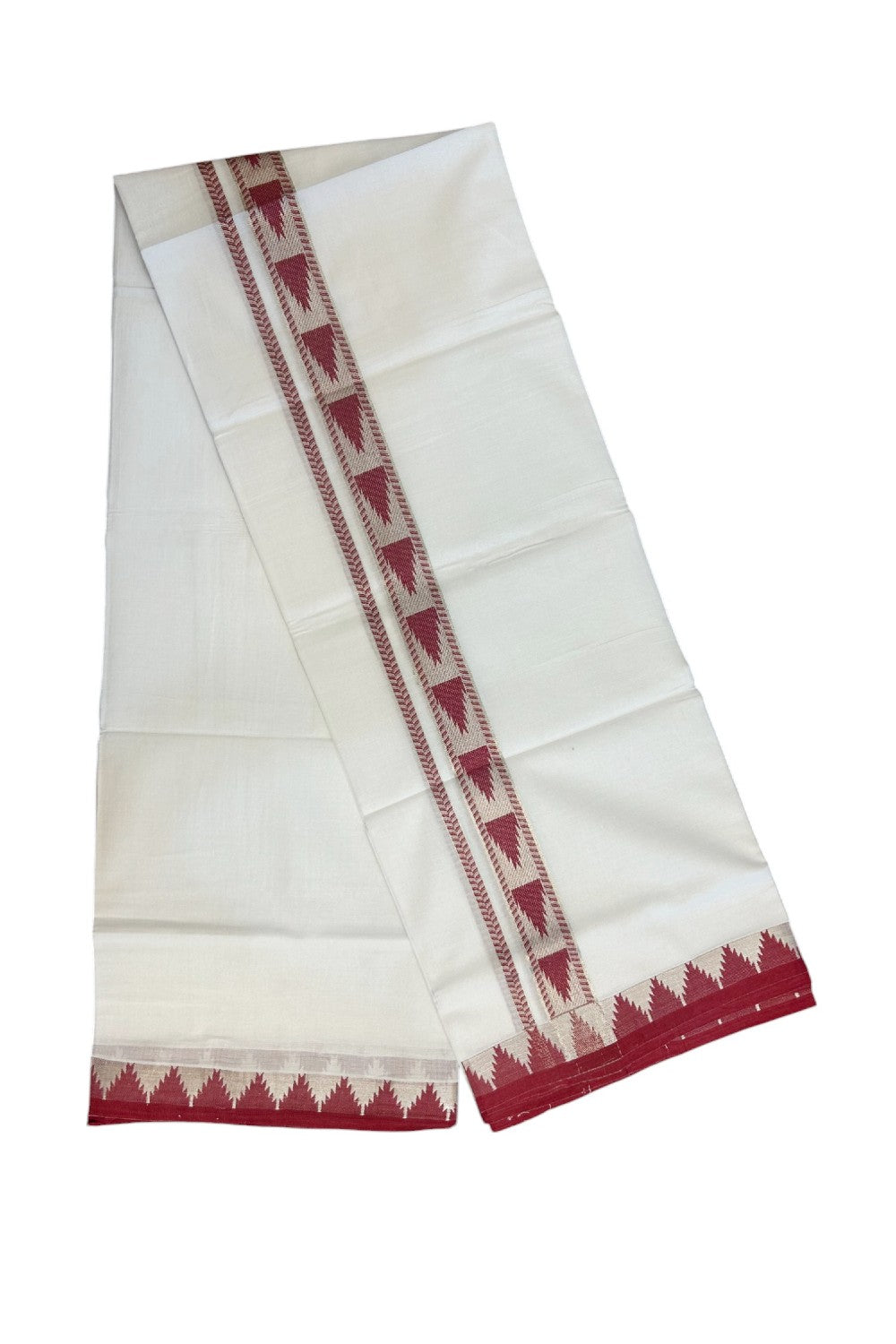 25% DISCOUNT! KaithariKada Balaramapuram 100% Cotton Double PURE white Mundu/Dhoti - 100x80 - 1.25 Inch Magenta Red & Silver kasavu Temple Design Kara - 4KK5147PMC