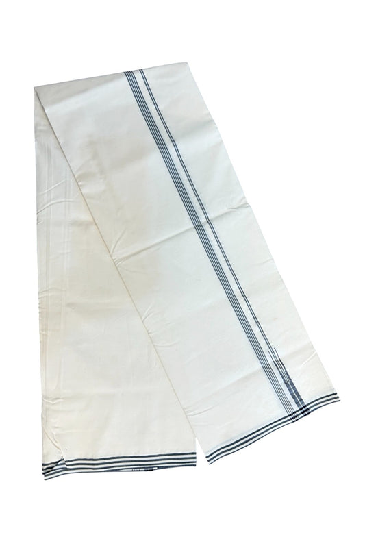 16% DISCOUNT ! KaithariKada Balaramapuram 100% COTTON SINGLE OFF WHITE (Unbleached) Mundu/Dhoti-100X100- 0.5 inch  Puliyilakkara Black Striped Chutty Kara (2 meter / 4 muzham) - 4KK5150ASH