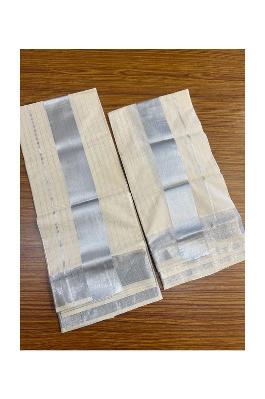 25% Discount!! KaithariKada - Kerala Pure Cotton OFF WHITE Single Set Mundu - EXTRA LENGTH - Stripes Silver Kasavu Big Kara - 4KK5152PMC