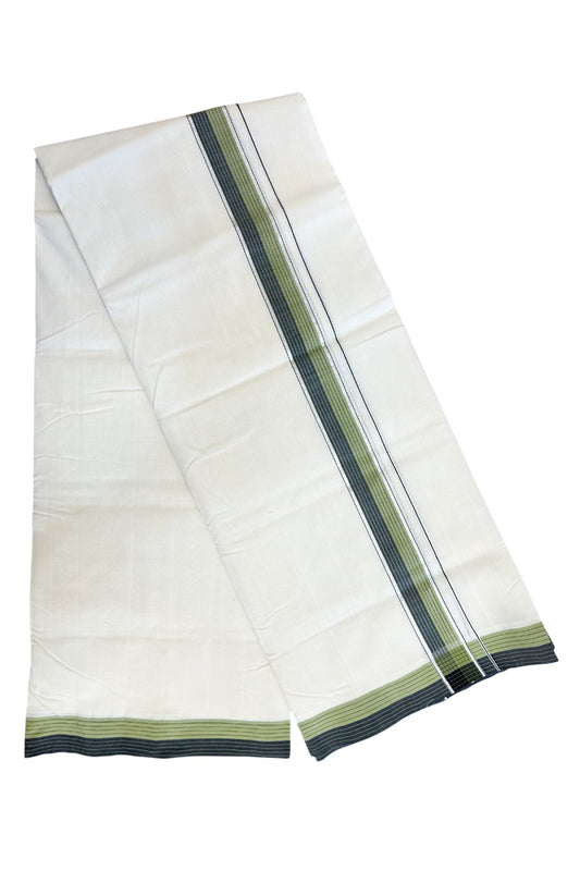 30% DISCOUNT!! KaithariKada HANDLOOM UNAKKUPAAV Balaramapuram - 100% PURE Cotton OFF White Double - (Unbleached)- Mundu/Dothi - 1.5 inch Silver Kasavu & Black Green Striped Kara 4.5 Meters (10 Muzham) - 4KK5160REA