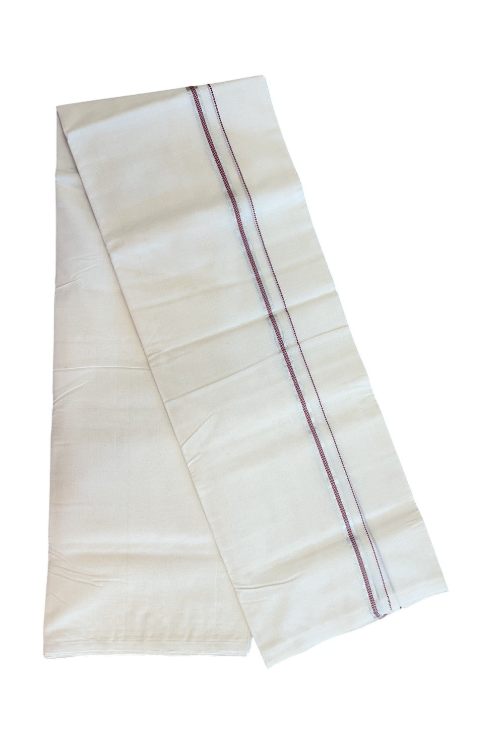 27% DISCOUNT! KaithariKada BALARAMAPURAM HANDLOOM UNAKKUPAAV - 100% PURE Cotton Off white (Unbleached) Double Mundu/Dhoti - 0.5 inch Silver Kasavu & Muthukkuri Maroon Kara (8 Muzham) - 18KK5161SOM