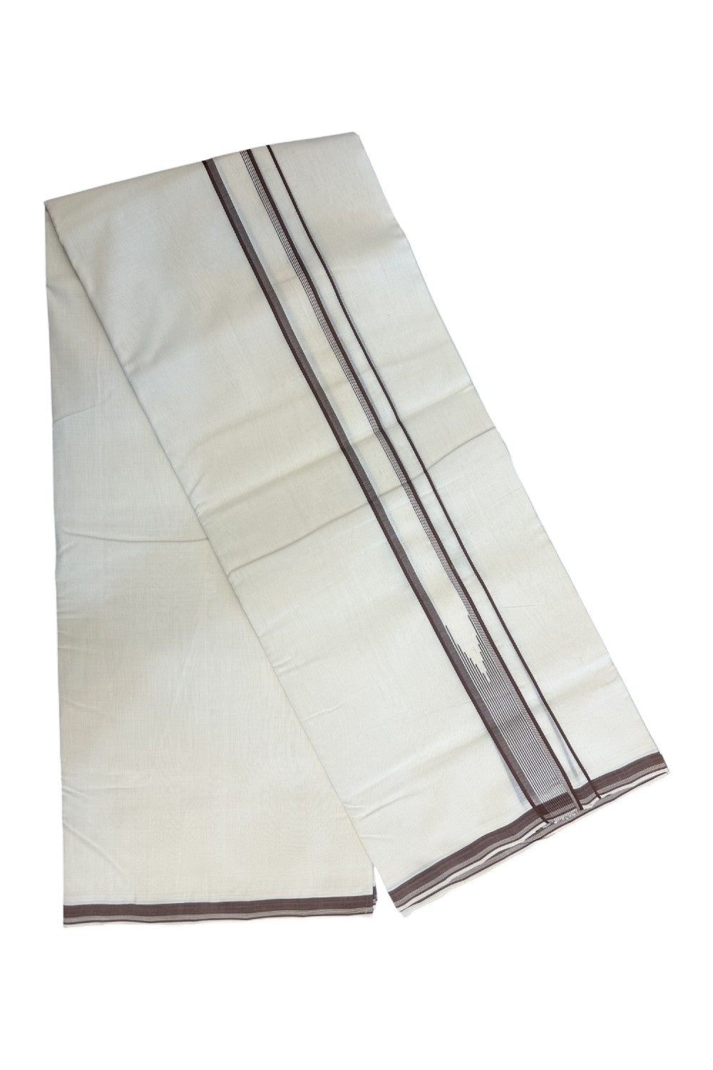 25% DISCOUNT!! KaithariKada HANDLOOM  UNAKKUPAAV Balaramapuram - 100% PURE Cotton OFF White - (Unbleached) Double Mundu/Dothi - 100X100 - 1.5 inch Puliyilakkara Brown & white striped chutty - 1KK5167REA