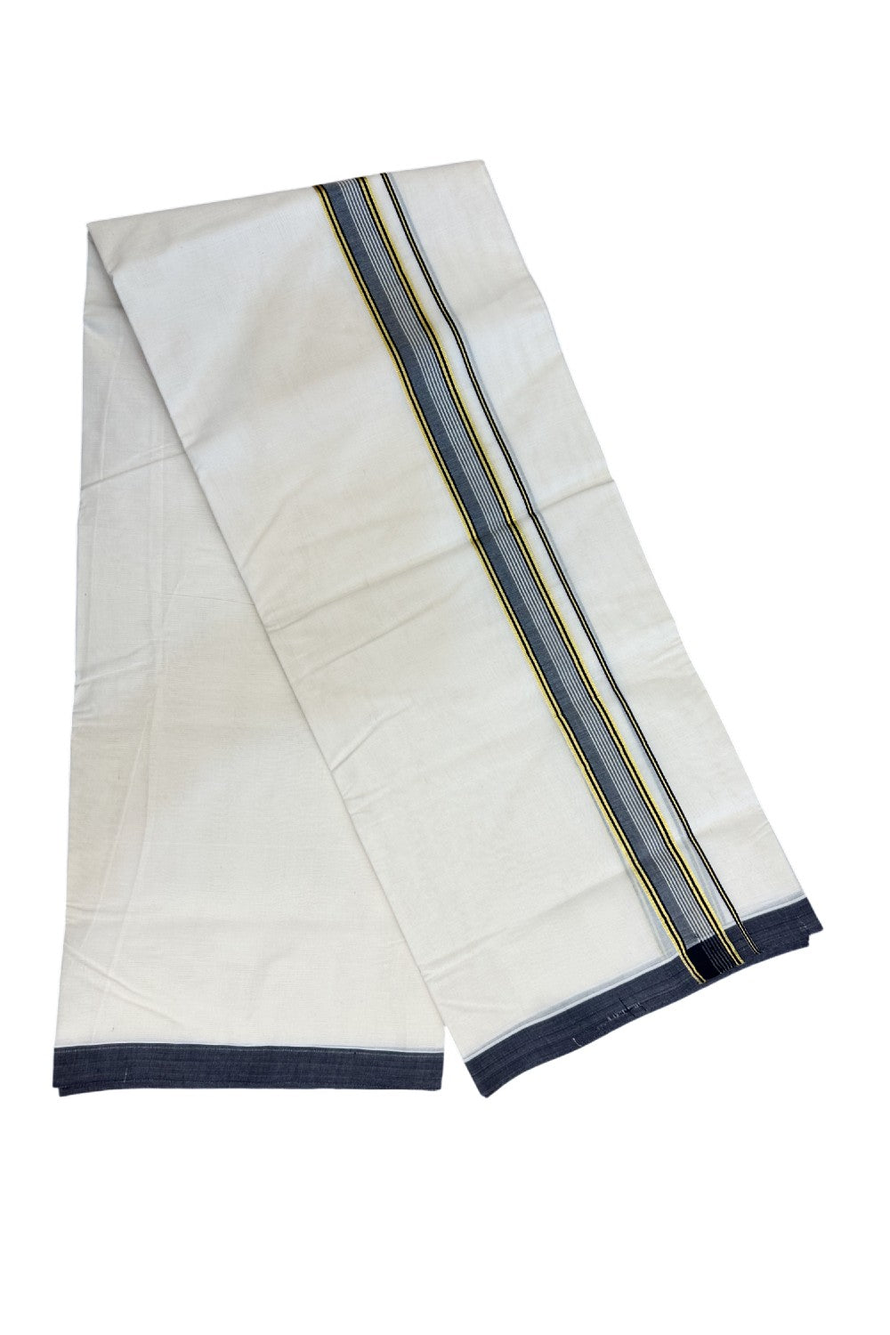 SHORT DHOTI SPECIAL! Kaitharikada.com 34% DISCOUNT! KaithariKada Balaramapuram 100% Cotton  Off white (Unbleached) Double Mundu/Dhoti-100x100 - 1.25 inch Kara & 46 inches Height Navy Blue & Kasavu Kara- 4KK5168ASH