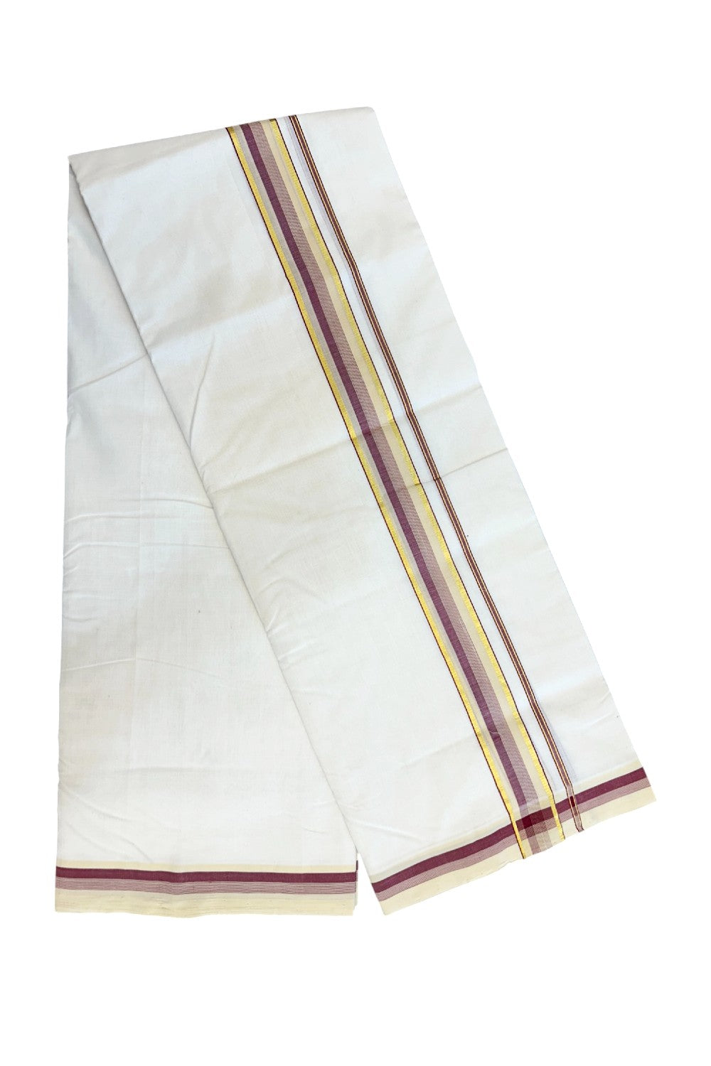 25% DISCOUNT!! KaithariKada HANDLOOM Unakkupaavu Balaramapuram - 100% PURE Cotton Off White (Unbleached) Double Mundu/Dhoti - 1.5 inch Maroon & Cream with Kasavu Stripes - 4KK5169REA