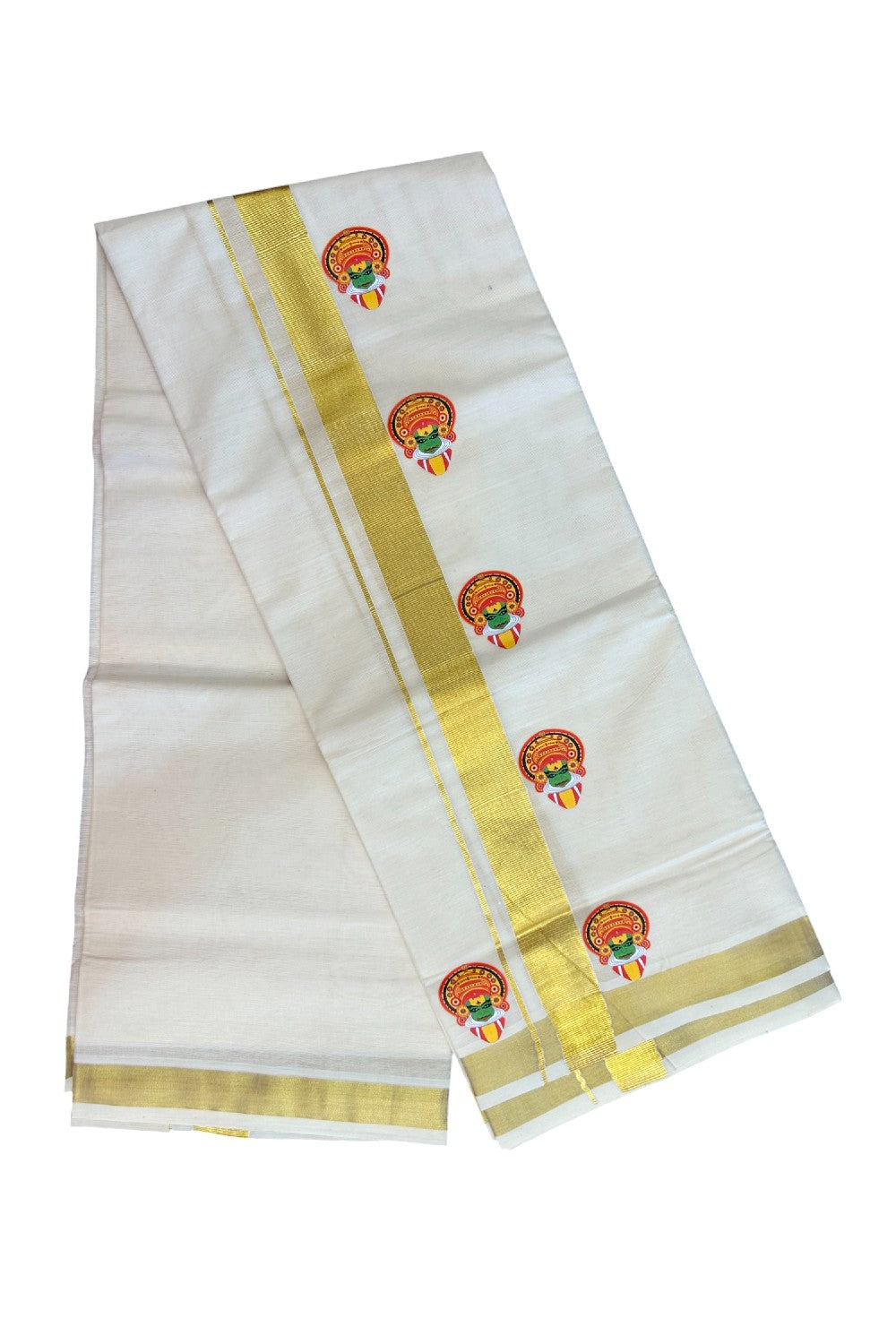 23% Discount!! KaithariKada Balaramapuram Mixed Cotton DOUBLE OFF WHITE - (Ubleached) Mundu/Dhoti - 80x72 - 1.25 inch Kasavu & Kathakali Printed Design Kara - 4KK5171GAN