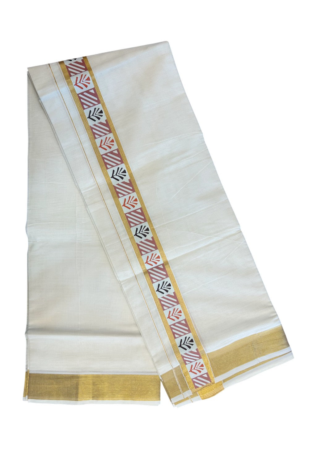 20% DISCOUNT! KaithariKada Balaramapuram 100% Cotton off white - (Unbleached) Double Mundu/Dhoti - 80X72 Cotton mix - 2 inch Printed Multicolour & Gold kasavu kara - 4KK5172PMC