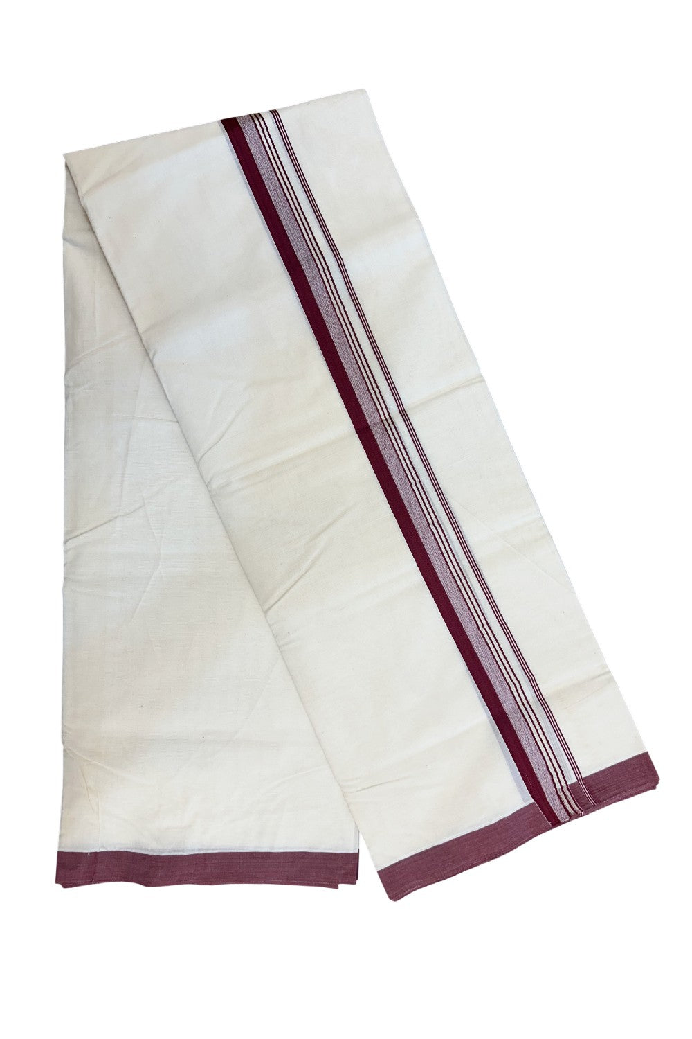 19% Discount KaithariKada Balaramapuram 100% Cotton Double Off white - (Unbleached) - Mundu/Dhoti - 100x100 - 1.25 inch Silver Kasavu & Maroon Striped Kara - 4KK5178ASH