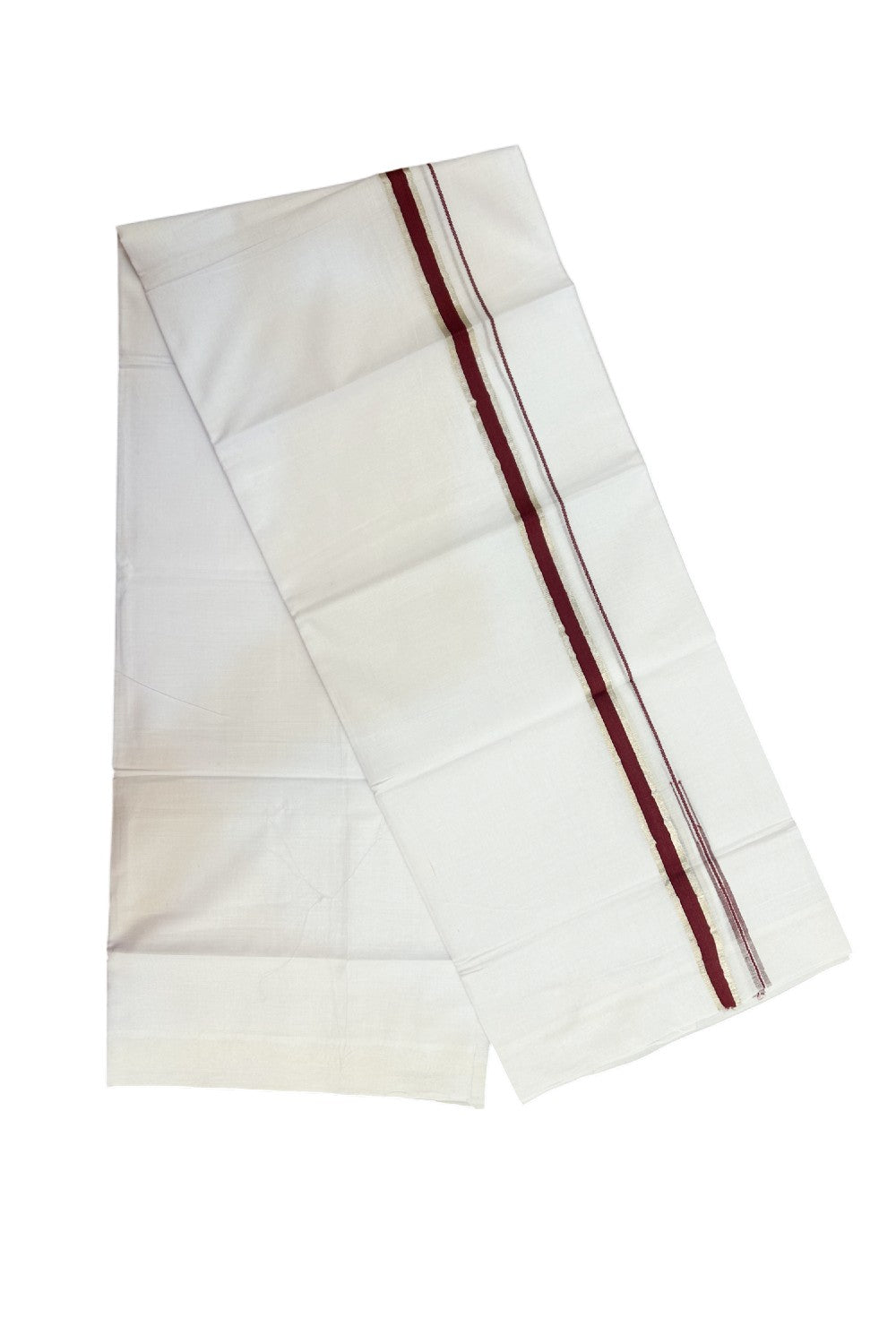 20% Discount !! Kaitharikada Balaramapuram 100% Cotton PURE WHITE Double Mundu/Dothi - 100x80 - 0.75 inch Silver Kasavu & Maroon Chutty Kara - 4KK5191CKS