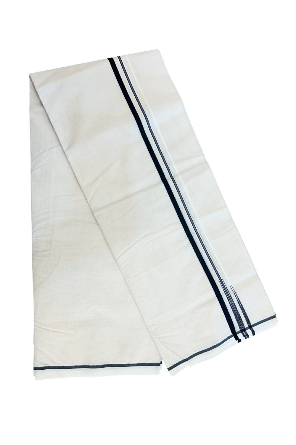 27% DISCOUNT!! KaithariKada Balaramapuram 100% Cotton off white Double - (Unbleached) Mundu/Dhoti-100x100 - 1 cm Puliyilakkara Black Double Chutty Kara - 4KK5187ASH