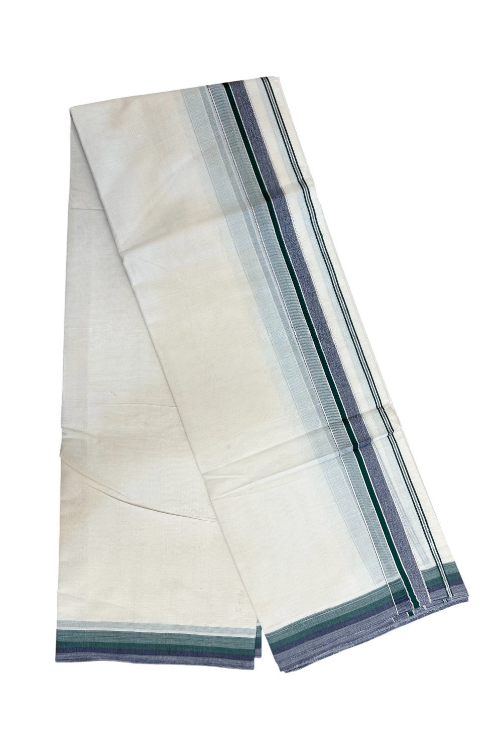 20% DISCOUNT! KaithariKada  Cotton OFF White - 100x80 thread-  NORTH INDIAN ATTACHED GAMCHA - 9X5 Dhoti - 1.5 inch Silver Kasavu Dark Green & Shaded Violet Stripes Kara - 4KK5189PMC