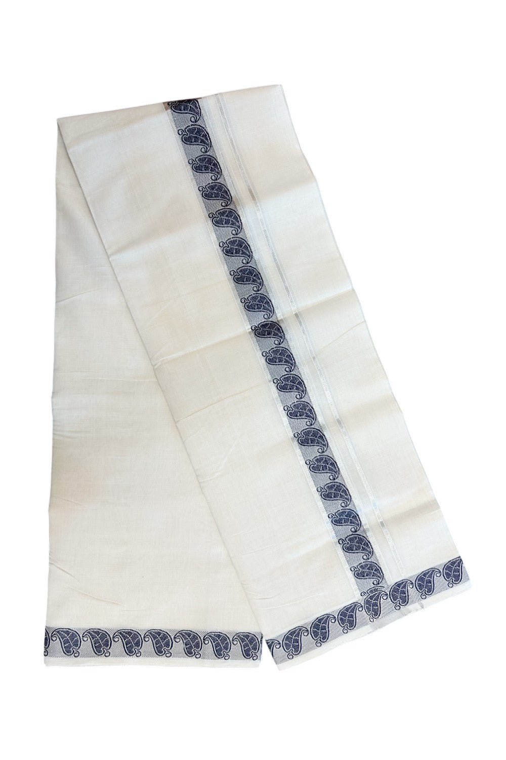 25% DISCOUNT ! KaithariKada HANDLOOM Unakkupaav Balaramapuram - 100% PURE Cotton Off White - (Unbleached) Double Mundu/Dhoti - 1.75 inch Silver Kasavu & Blue Jacquard Design Kara - 4KK5190ABH
