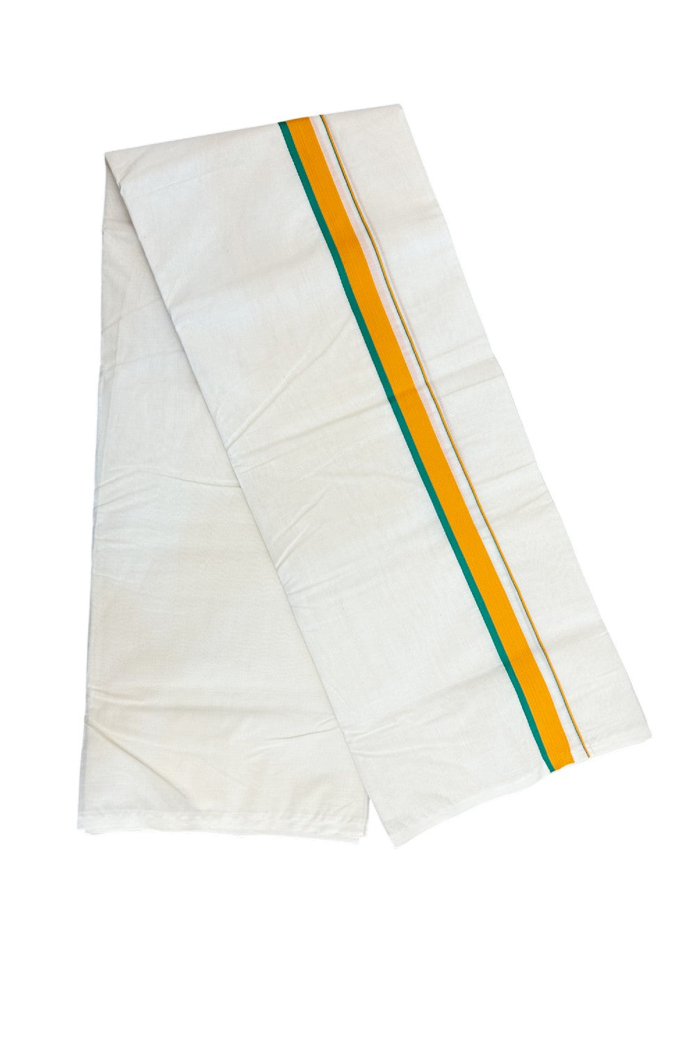 BJP VESHTI - 20% DISCOUNT! KaithariKada 100% Cotton off white Double - (Unbleached) Mundu/Dhoti - 100X80 - 1 inch Orange & Green Kara - 4KK5198ASH