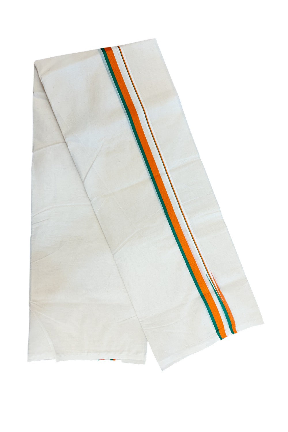 BJP VESHTI - 20% DISCOUNT! KaithariKada 100% Cotton off white Double - (Unbleached) Mundu/Dhoti - 100X100 - 0.75 inch Puliyilakkara Orange & Green Chutty Kara - 4KK5207ASH