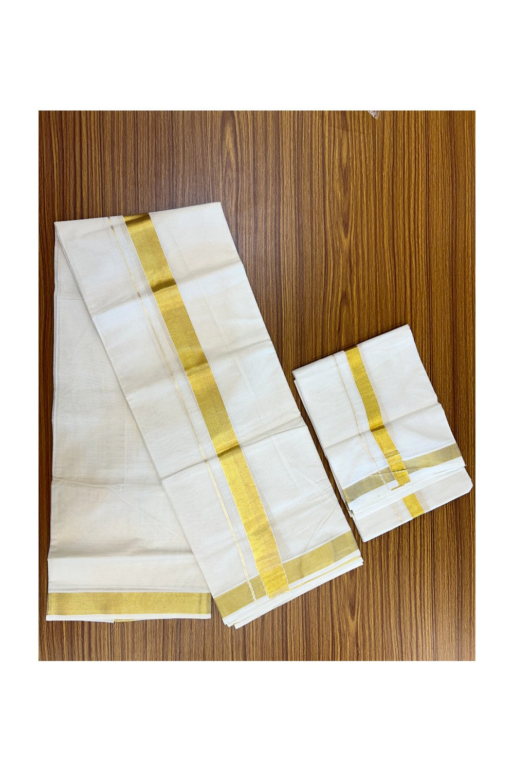 20% Discount!! KaithariKada Balaramapuram - 100% PURE Cotton Off White  (Unbleached) Mundu/Dhoti & Neriyath set - 1.5 Inch Kasavu Kara - 4KK5213 VIN