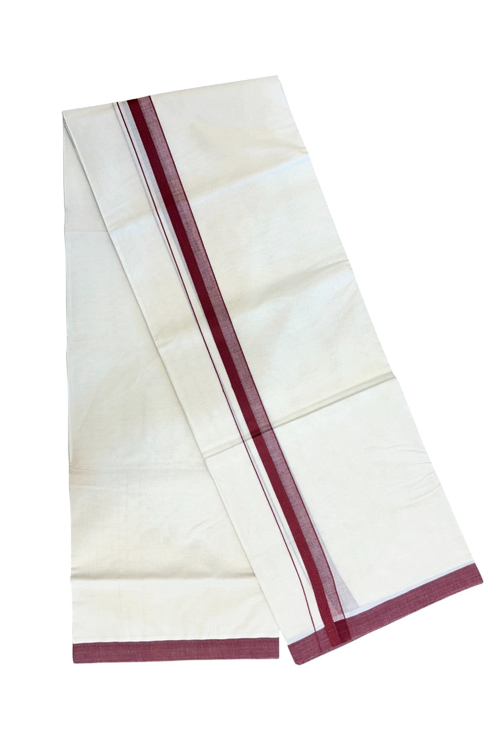 24% Discount ! KaithariKada Balaramapuram 100% Cotton Double OFF WHITE- (Unbleached) - Mundu / Dhoti- 100x80 - 1.5 inch Maroon Kara - 4KK5214 MC
