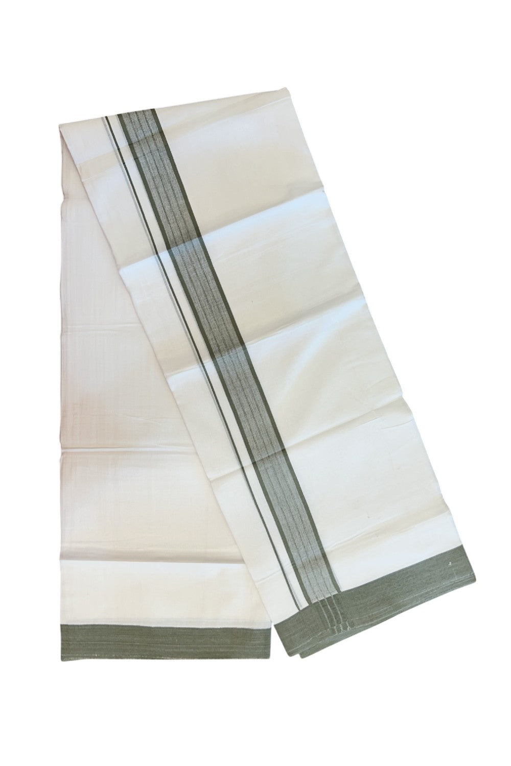 20% DISCOUNT!!! KaithariKada Balaramapuram 100% Cotton DOUBLE PURE WHITE Mundu/Dhoti - 100X80 - 1.5 Inch Sage Grey Shaded Stripes kara 3.75 mtr (8 muzham) - 4KK5220 THI