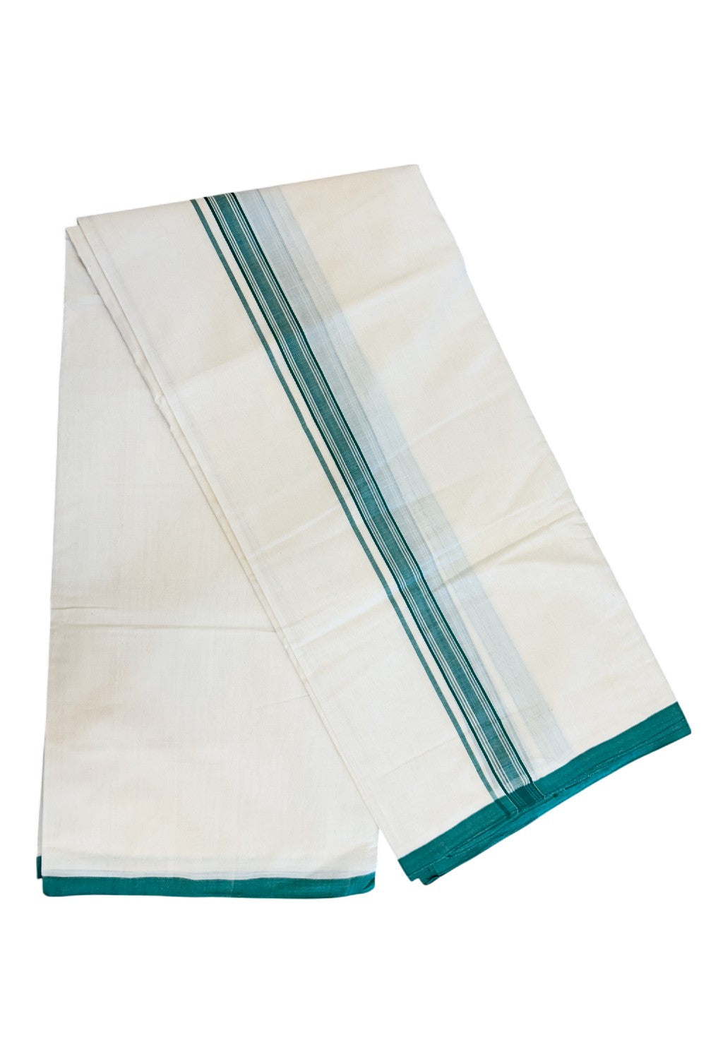 PREMIUM HANDLOOM-20% DISCOUNT! KaithariKada  Cotton OFF White - 100x80 thread-  NORTH INDIAN ATTACHED GAMCHA - 9X5 & 10X6 muzham Dhoti - 1.5 inch Green Border - 4KK5223VEL