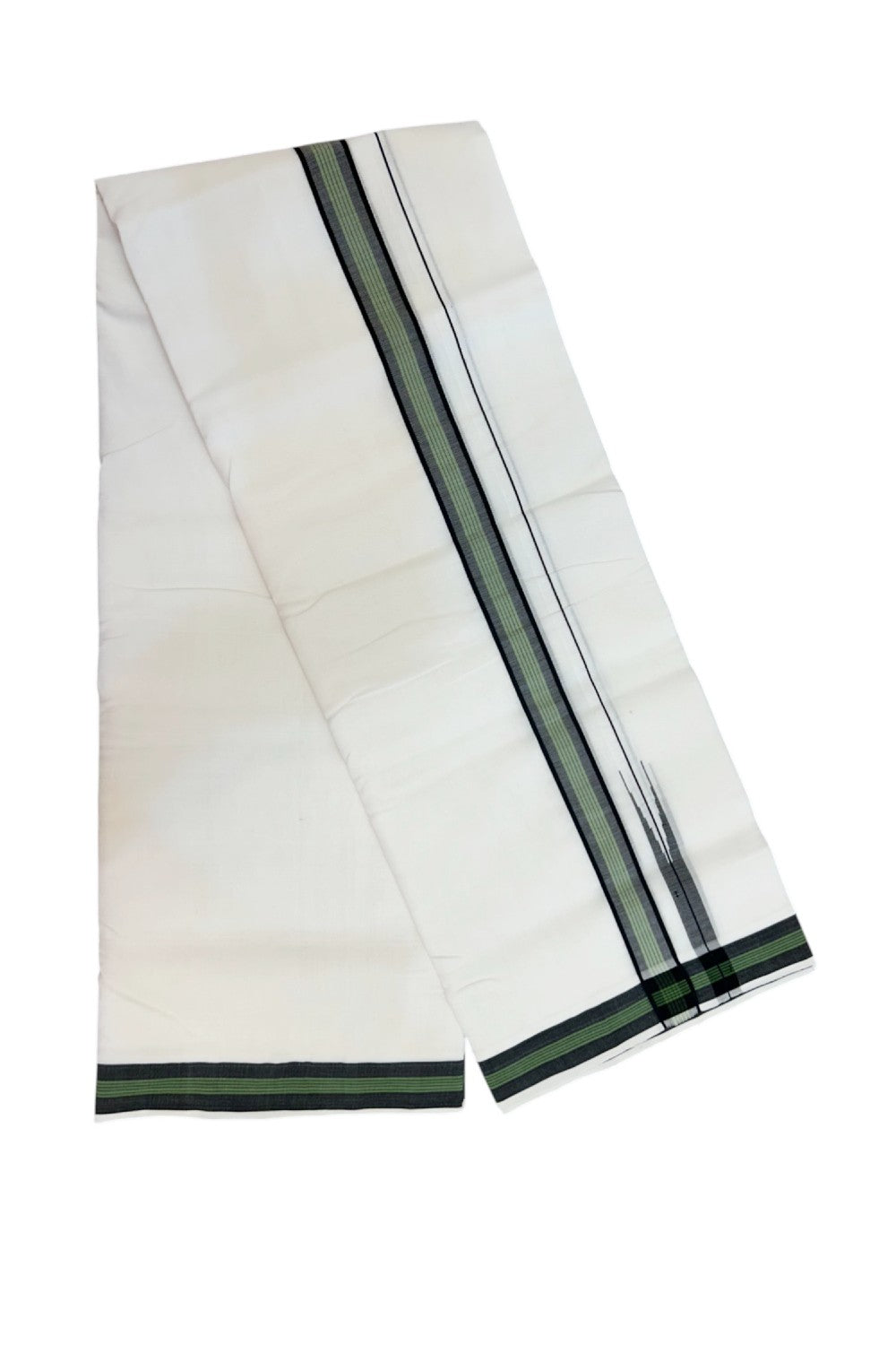 25% Discount!! NEW ULTRA PURE WHITE HANDLOOM Balaram apuram - 100% Mercerised Cotton Double Mundu/Dhoti - 120 twisted warp x 80s weft - 1.5 inch Puliyilakkara Black & Green Striped Chutty Kara - 4KK5232 REA