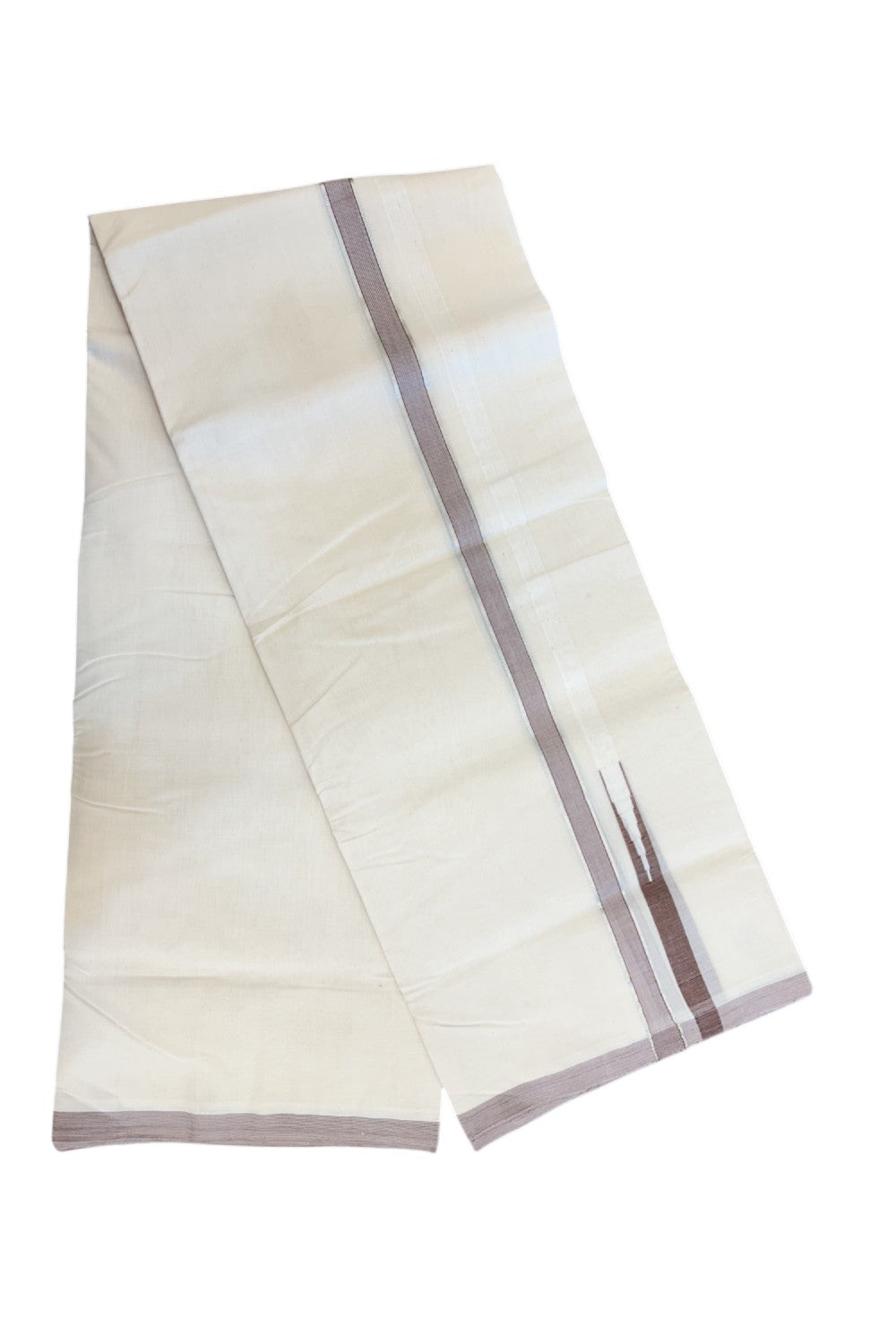 25% Discount! KaithariKada HANDLOOM MILLPAAV Balaramapuram - 100% PURE Cotton OFF White Double - (Unbleached) Mundu/Dothi - 80x90 - 1 inch Puliyilakkara Brown & Silver Kasavu Stripes chutty Kara 4 mtr (8.5 Muzham) - 4KK5234 RAM