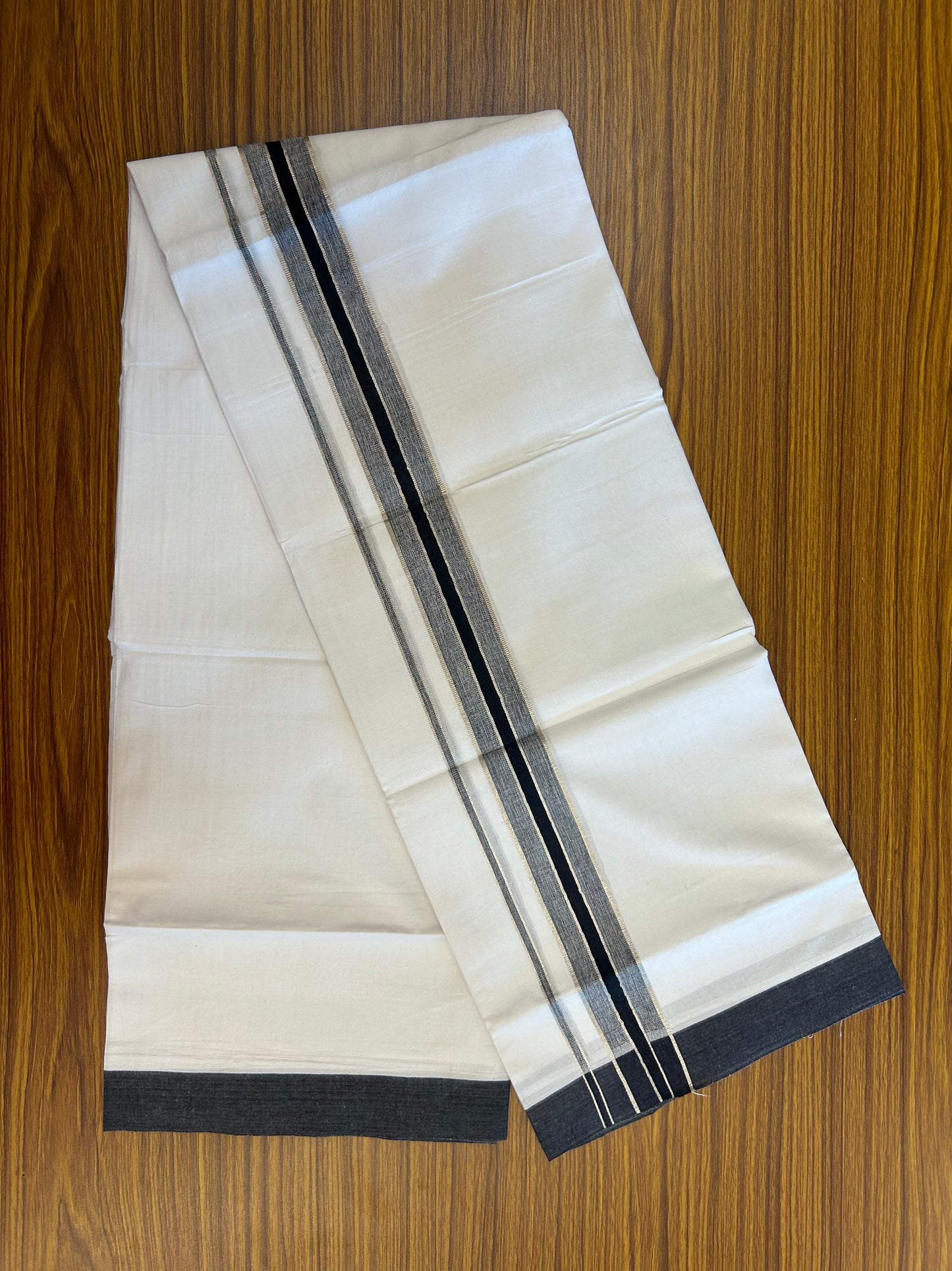 Short Dhoti Special - 28% Discount ! KaithariKada 100% Cotton Pure White Double Mundu / Dhoti - 100x80 - 45 inch Height 3.80 m Length  1.5 inch Black Silver Kasav kara - 4 KK5258 THI