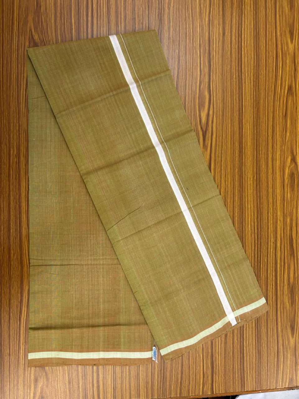 Handloom Single Hallmarked - 10% Discount !! KaithariKada 100% Pure Cotton - Mundu/Dhoti Sage Green Body White 0.5 inch Kara- (2 meter / 4 muzham)- 4 KK8030 ELA