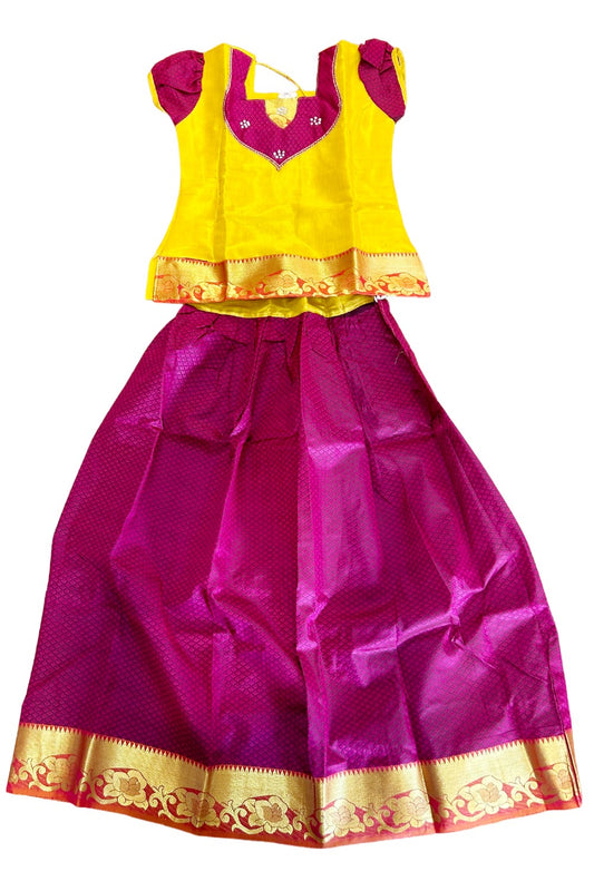 Midukki-Traditional South Indian Kids Pattu Pavada- Yellow top wine color skirt with prints- Age 12 - KK12MID004
