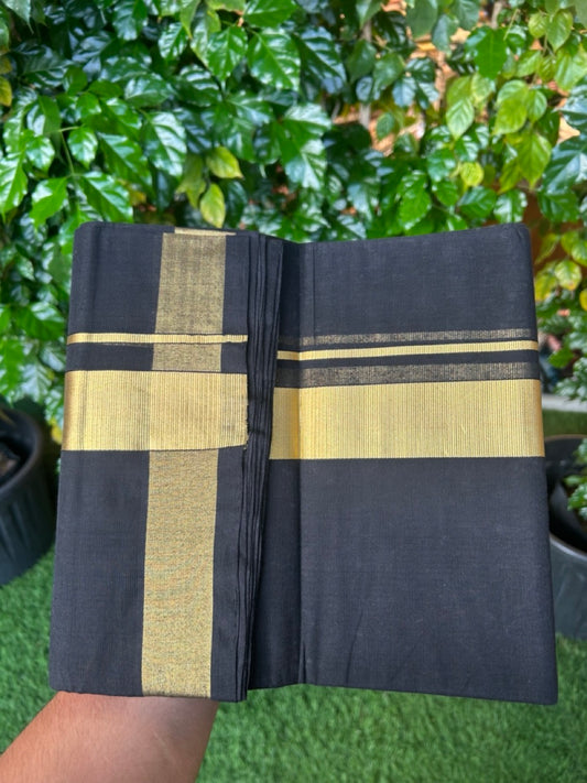 25% Discount! KaithariKada Handloom Unakkupaav Balaramapuram - Pure Cotton Double Mundu/Dhoti (Unbleached) - 80x90s - Black Colour Body - 1.5 inch Gold Kasavu Kara - 93 KK5256 RAM