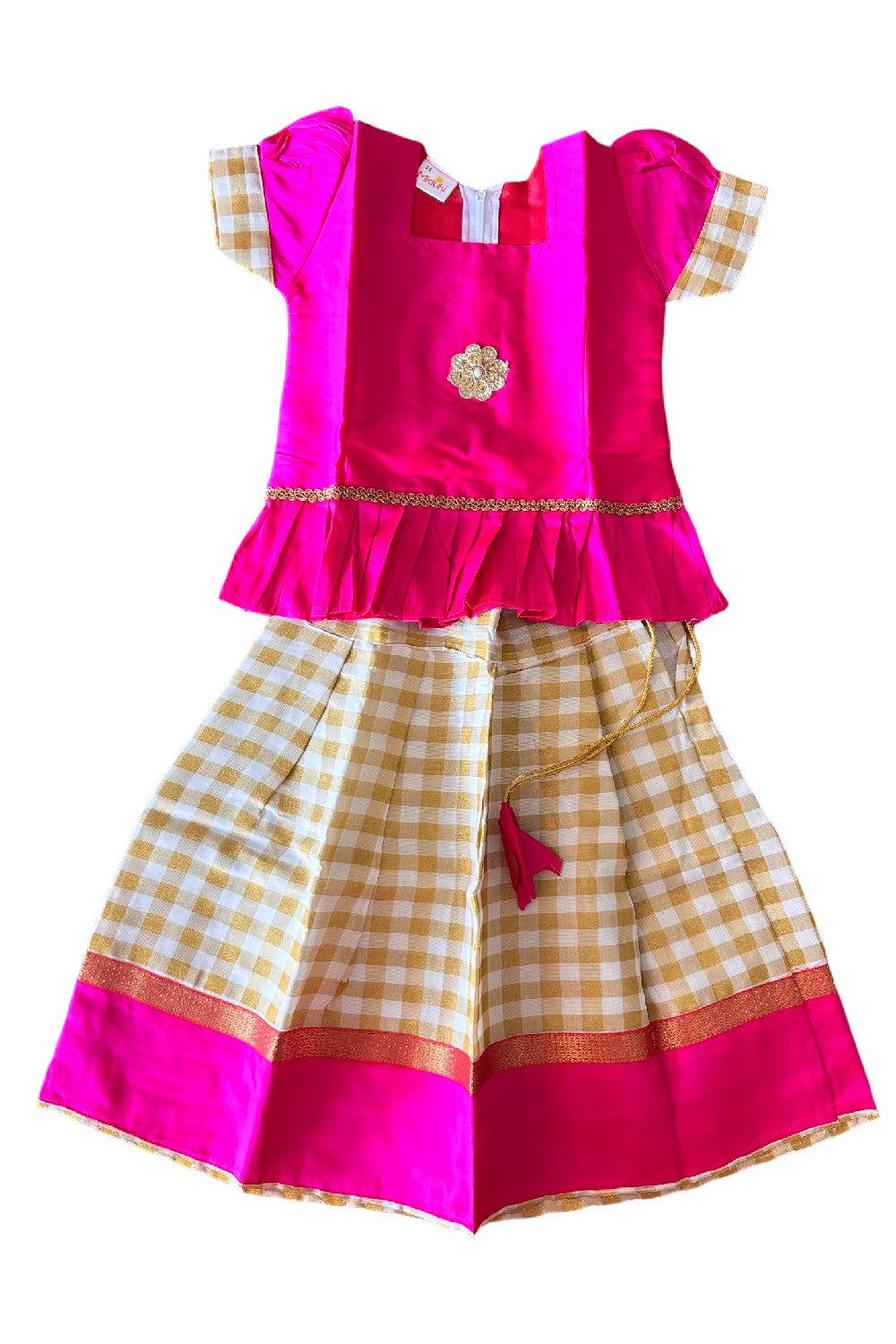 Midukki-Traditional South Indian Kids Pattu Pavada- Magenta top with pleats offwhite check skirt with magenta border- Age 3 - KK3MID004