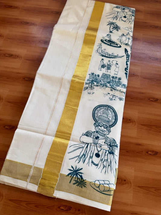 Double Off White - Onam Festival Print - (Unbleached) Mundu/Dhoti- 20% Discount!! KaithariKada Kerala Mixed Cotton 60s - 1.5 inch Gold Kasav with Peaock Green Printed Design Kara - 4 KK5474 GAN