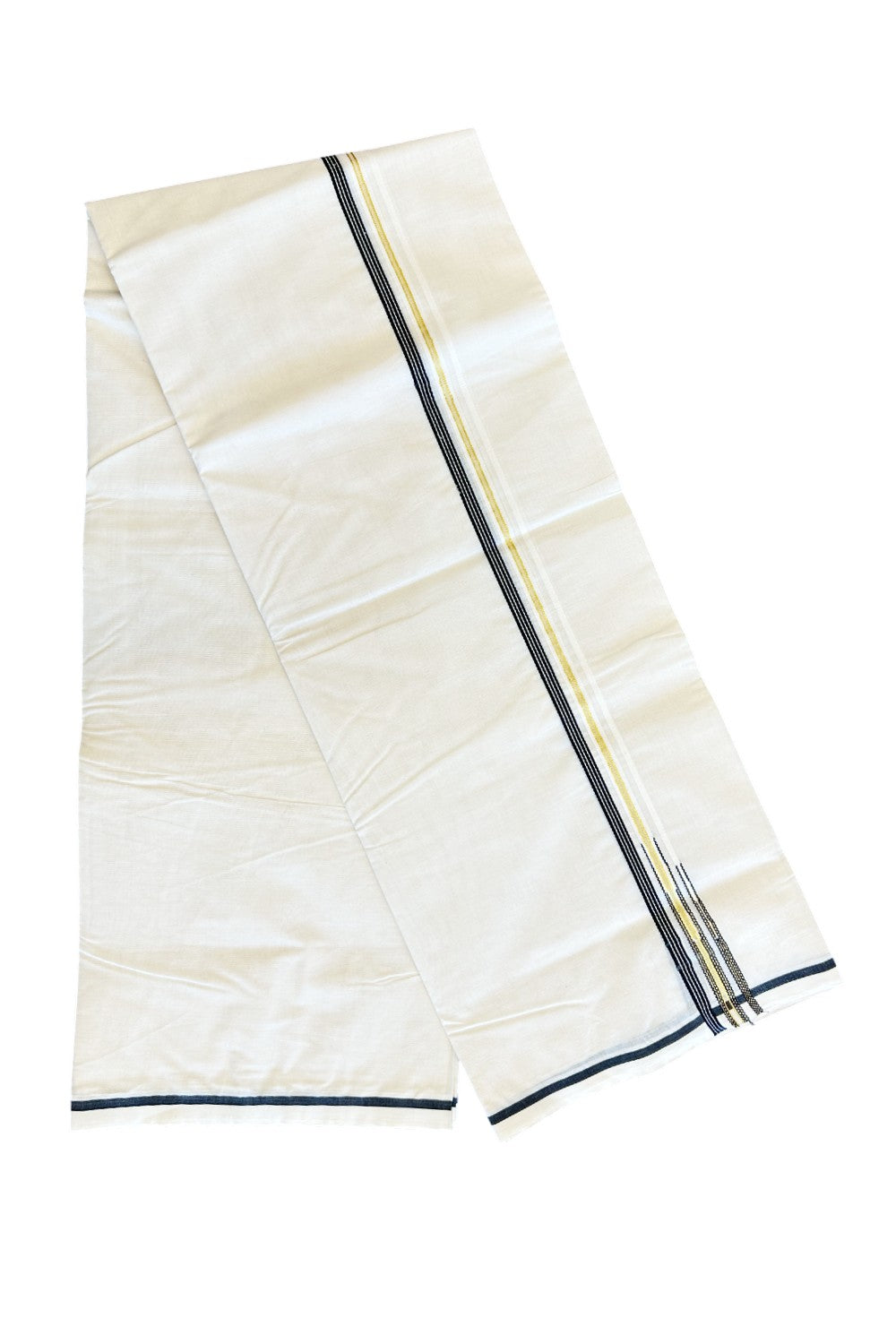 27% Discount Latest!! KaithariKada Balaramapuram 100% Cotton Double Off white - (Unbleached) Mundu/Dhoti-100x100 1.cm  Puliyilakkara Black Striped kara & Kasavu Double Chutty - 4KK5019ASH