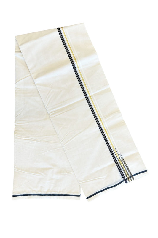 27% Discount Latest!! KaithariKada Balaramapuram 100% Cotton Double Off white - (Unbleached) Mundu/Dhoti-100x100 1.cm  Puliyilakkara Black Striped kara & Kasavu Double Chutty - 4KK5019ASH