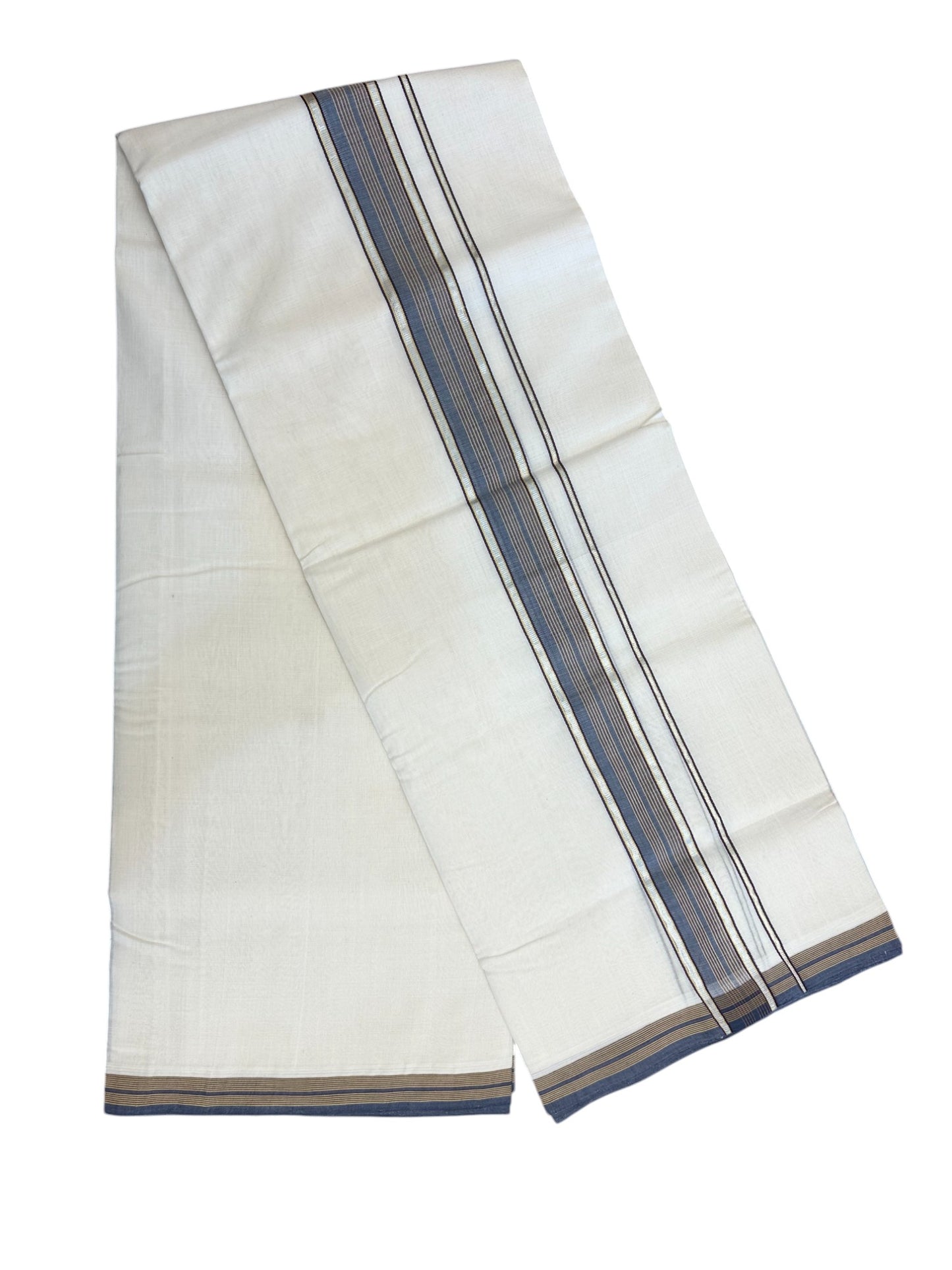 28% DISCOUNT! KaithariKada BALARAMAPURAM HANDLOOM UNAKKUPAAV - 100% PURE Cotton Off white (Unbleached) Double Mundu/Dhoti - 1.75 inch Silver Kasavu Sage green Navy blue Kara - 4KK5153RAM