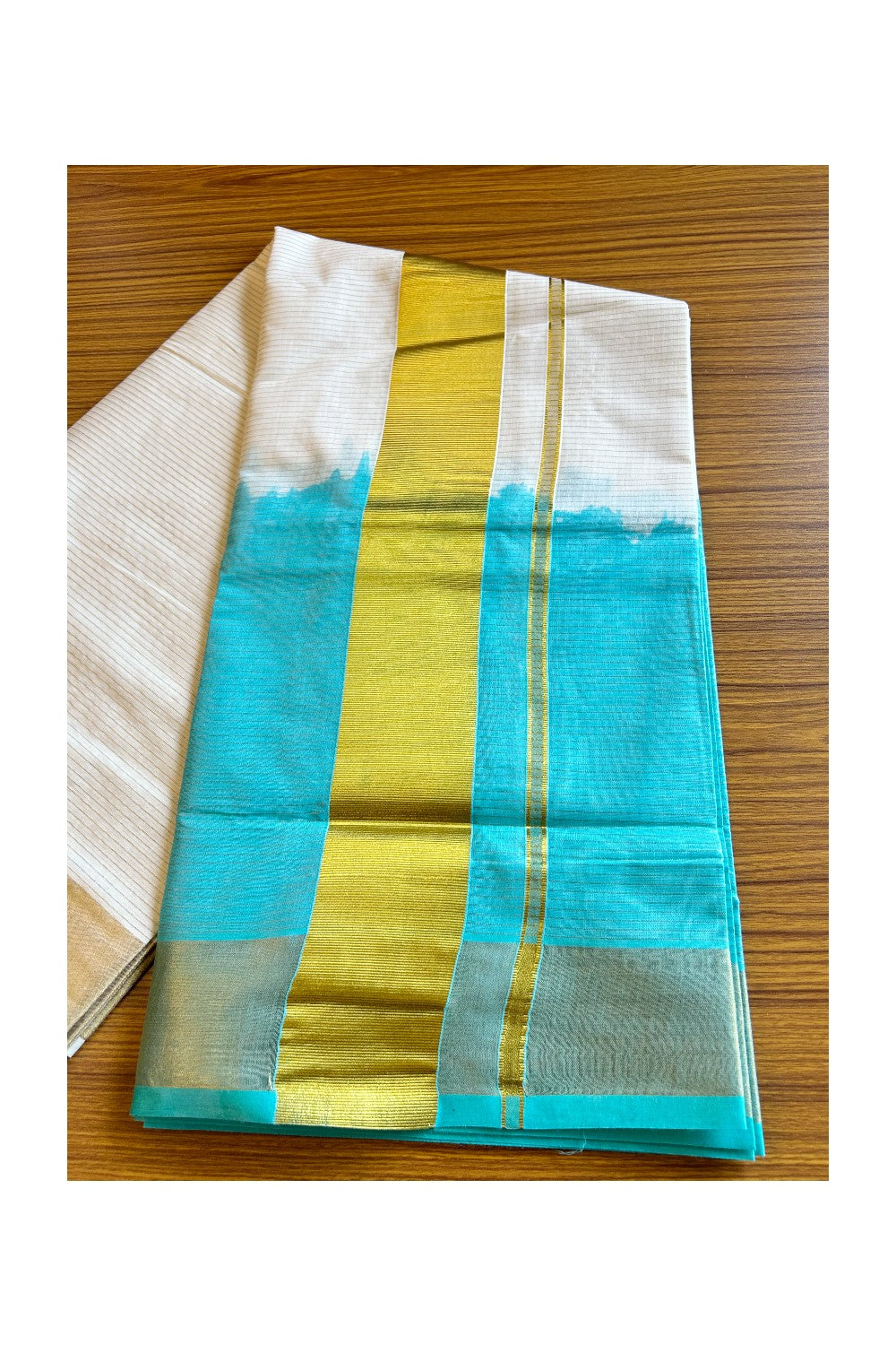 28% Discount!! Kaitharikada Kerala Saree - Cotton Off White - Turquoise  Colour Dyed & Gold Kasavu Striped Kara - 4KK1003HAR