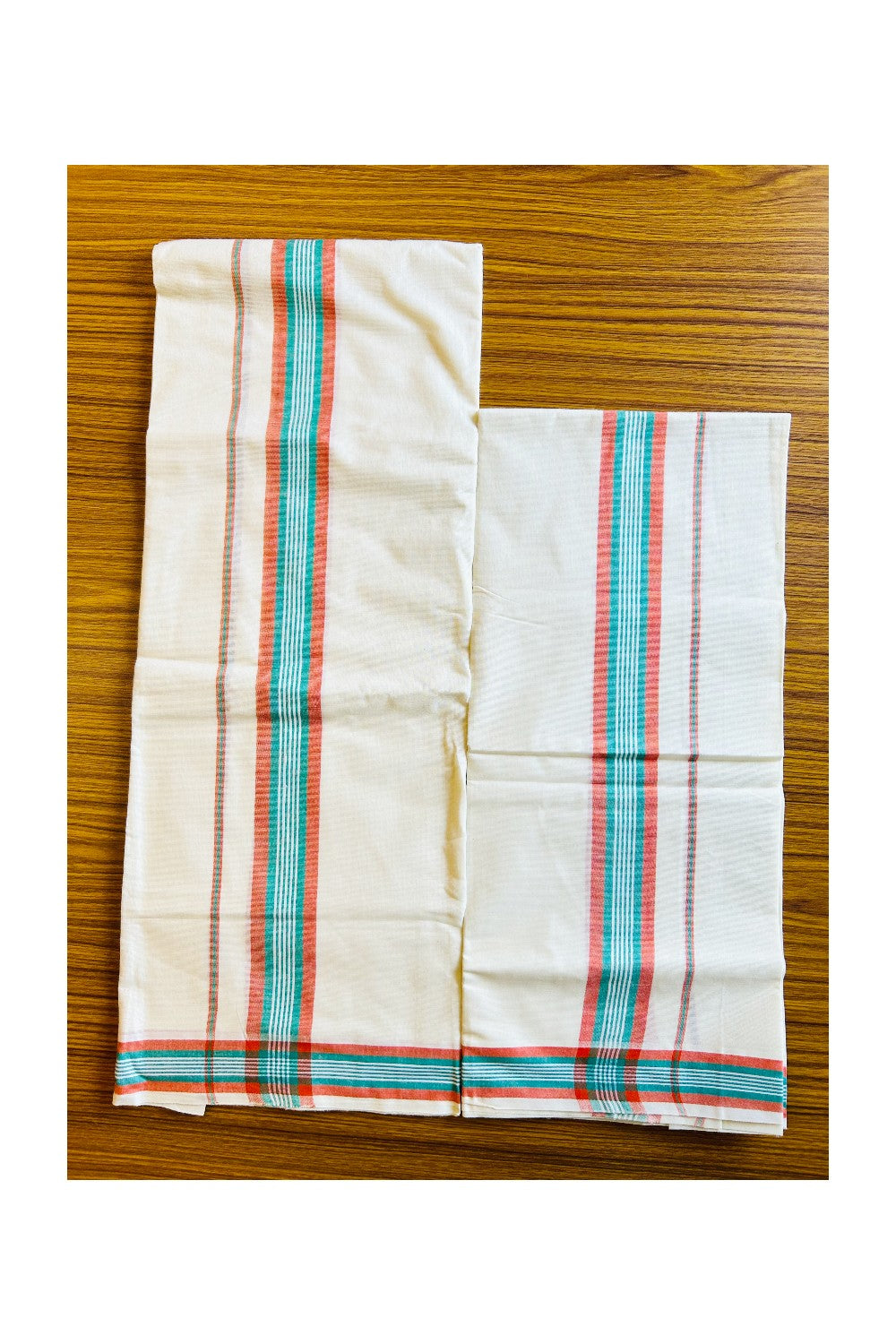 16% Discount!! KaithariKada - Kerala Cotton Single Set Mundu - Orange & Green Kara - 4KK301VIN