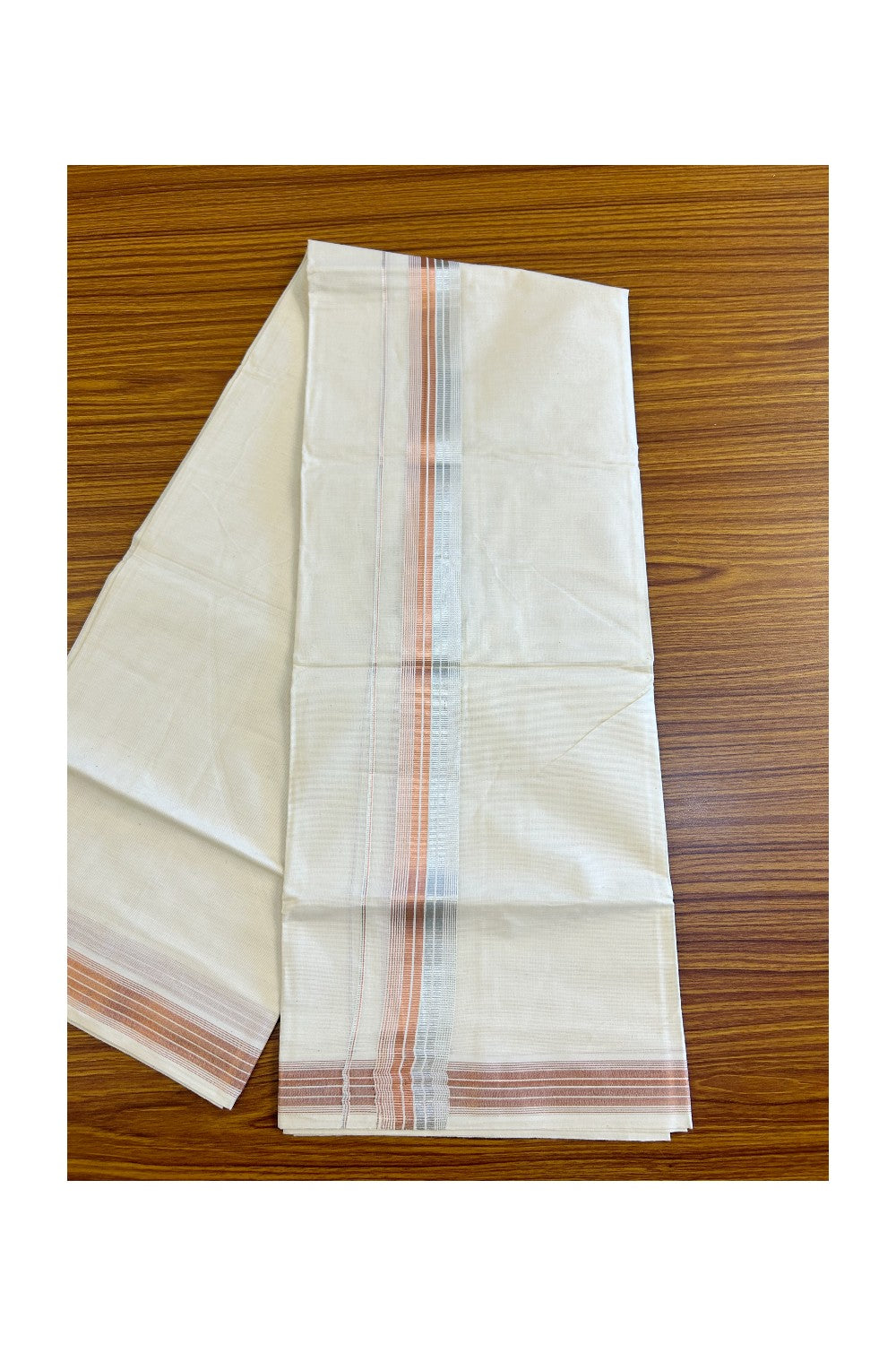 14% DISCOUNT!! KaithariKada Balaramapuram 100% Cotton Double Off white (Unbleached) Mundu/Dhoti-80x72- Silver & Copper Striped Kara - 4KK463CEE