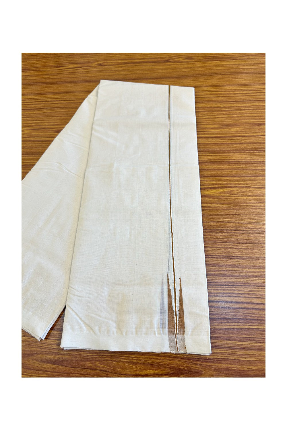 30% DISCOUNT!! KaithariKada HANDLOOM Millpaav Balaramapuram - 100% PURE Cotton OFF White - (Unbleached) Double Mundu/Dothi - 2 cm Puliyilakkara silver kasavu Brown chutty - 4KK476RAM