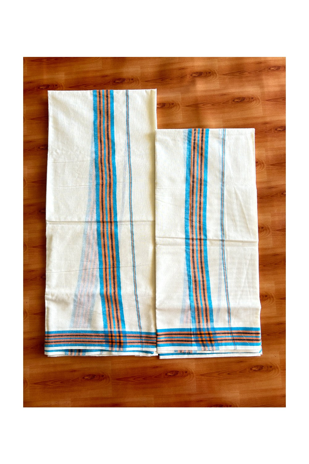 16% Discount!! KaithariKada - Kerala Cotton SINGLE SET MUND FOR WOMEN Blue, Orange & Black Striped Mulloth Kara- 4KK494VIN