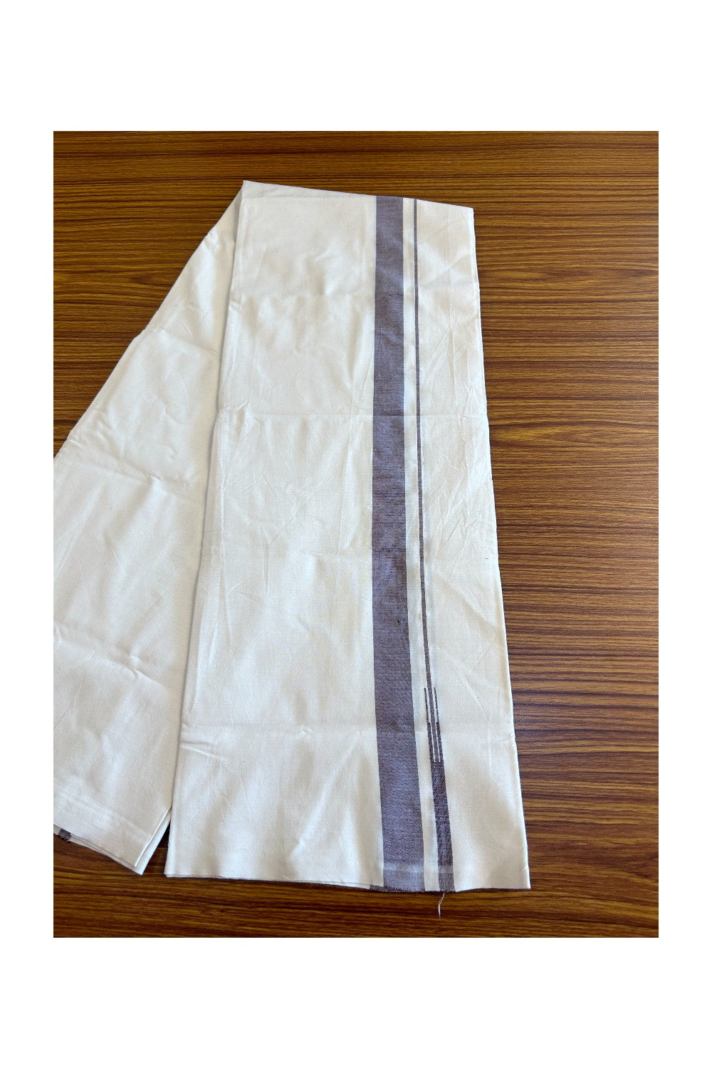 12% DISCOUNT ! KaithariKada Balaramapuram 100% COTTON SINGLE OFF WHITE - (Unbleached) Mundu/Dhoti-Twisted 100s Thread- 1.25 inch Brown Puliyilakkara Chutty (2 meter / 4 muzham) - 4KK497ASH