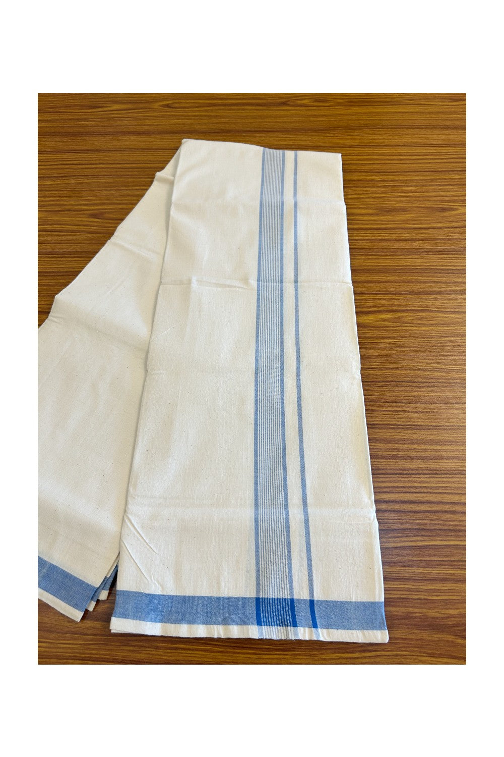 30% Discount KaithariKada 100% Cotton Balaramapuram HANDLOOM Single Mundu/Dhoti - Off White- (Unbleached) 2 inch Blue Stripes Kara (2 meter / 4 muzham)  - 4KK499KK